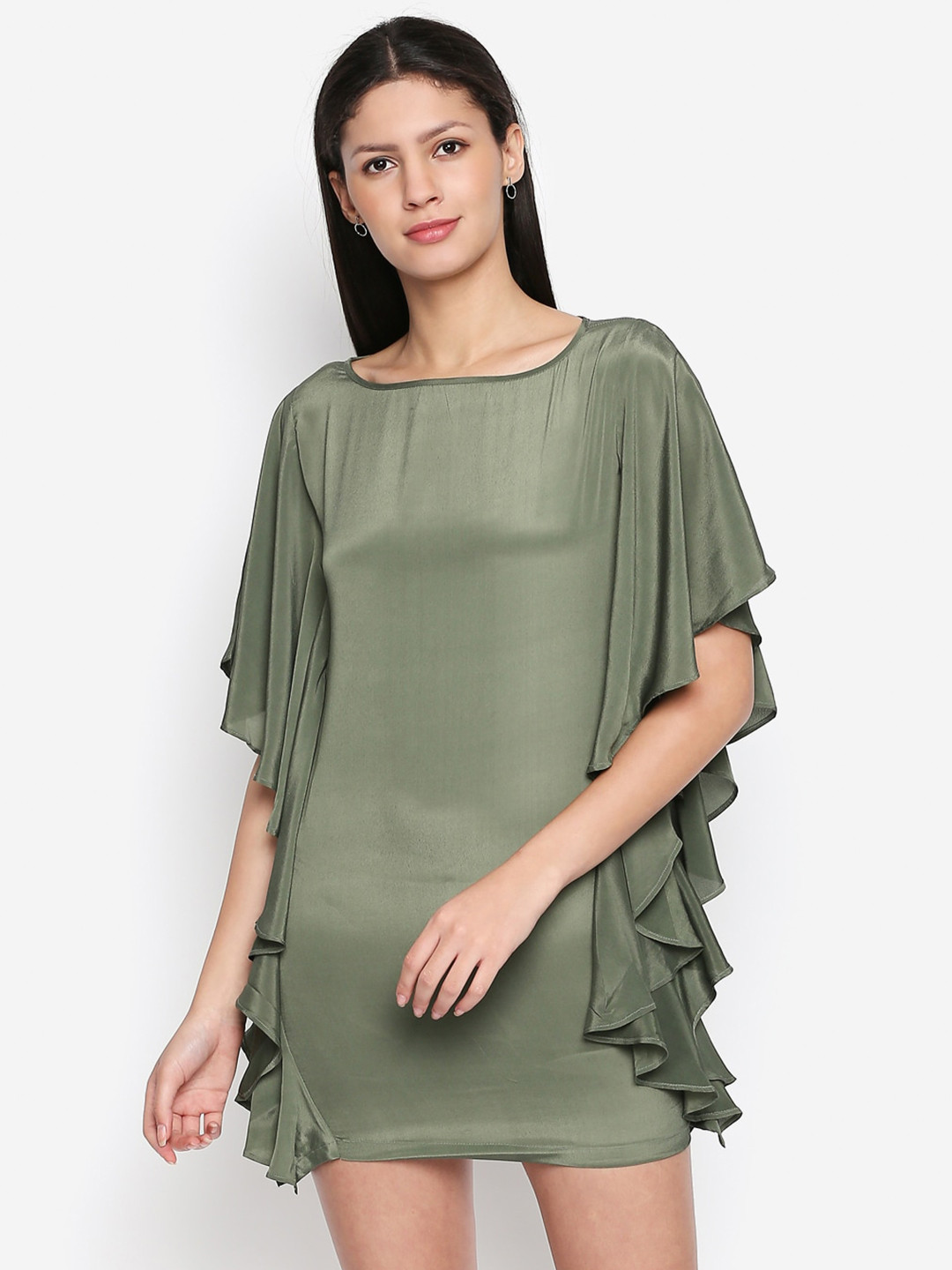 aaliya Olive Green Satin Ruffles Detail Sheath Mini Dress