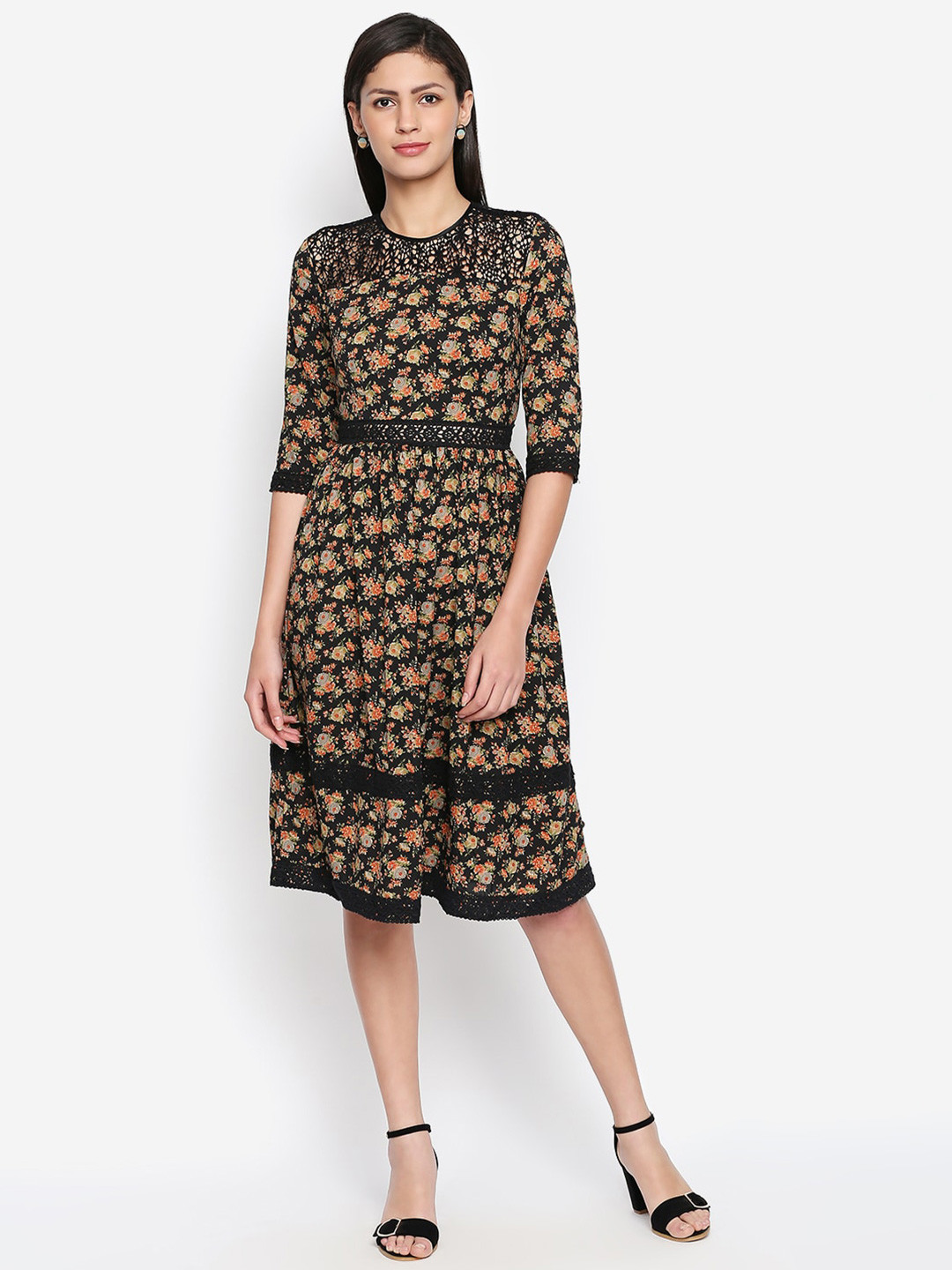 aaliya Black Floral Printed Georgette Fit & Flare Laced Dress