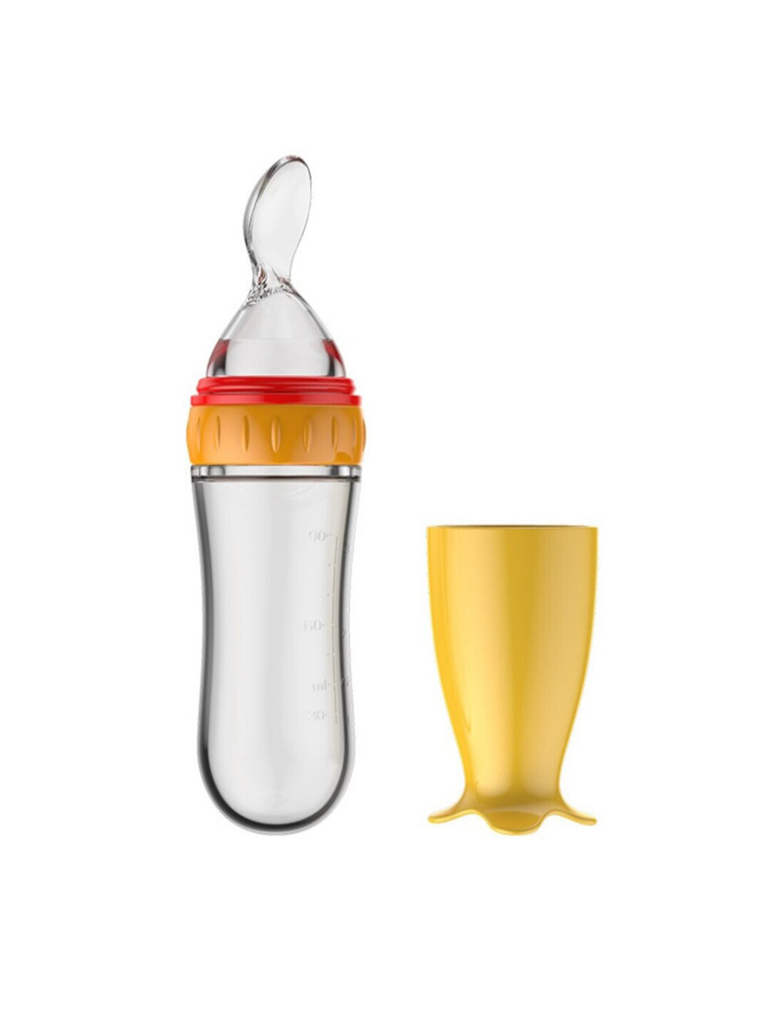 GUCHIGU Kids Yellow & Transparent Solid Baby Food Feeding Bottles With Silicone Spoon Head 90 Ml