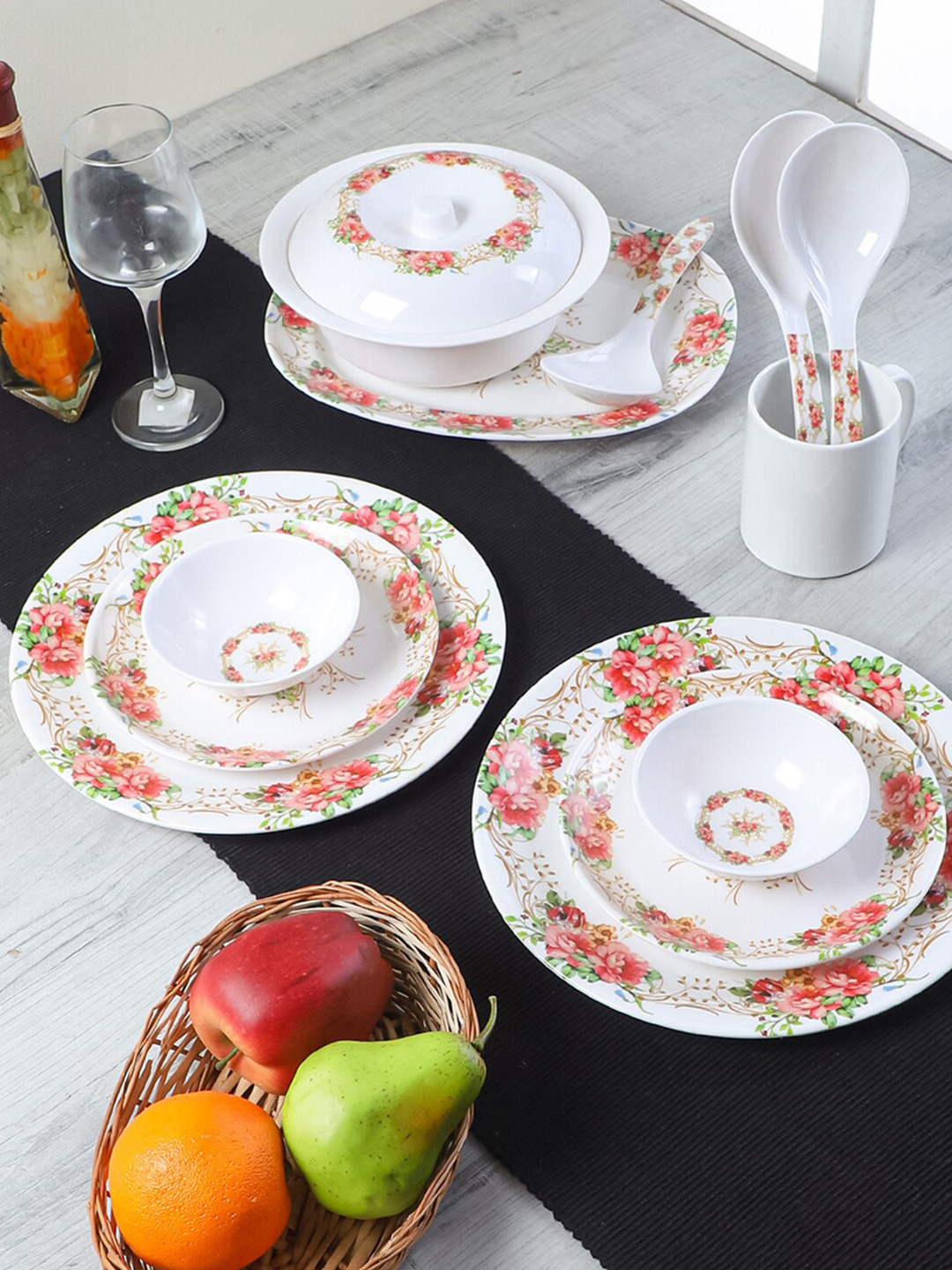 CDI White Floral Melamine Microwave Safe 33 Piece Dinner Set