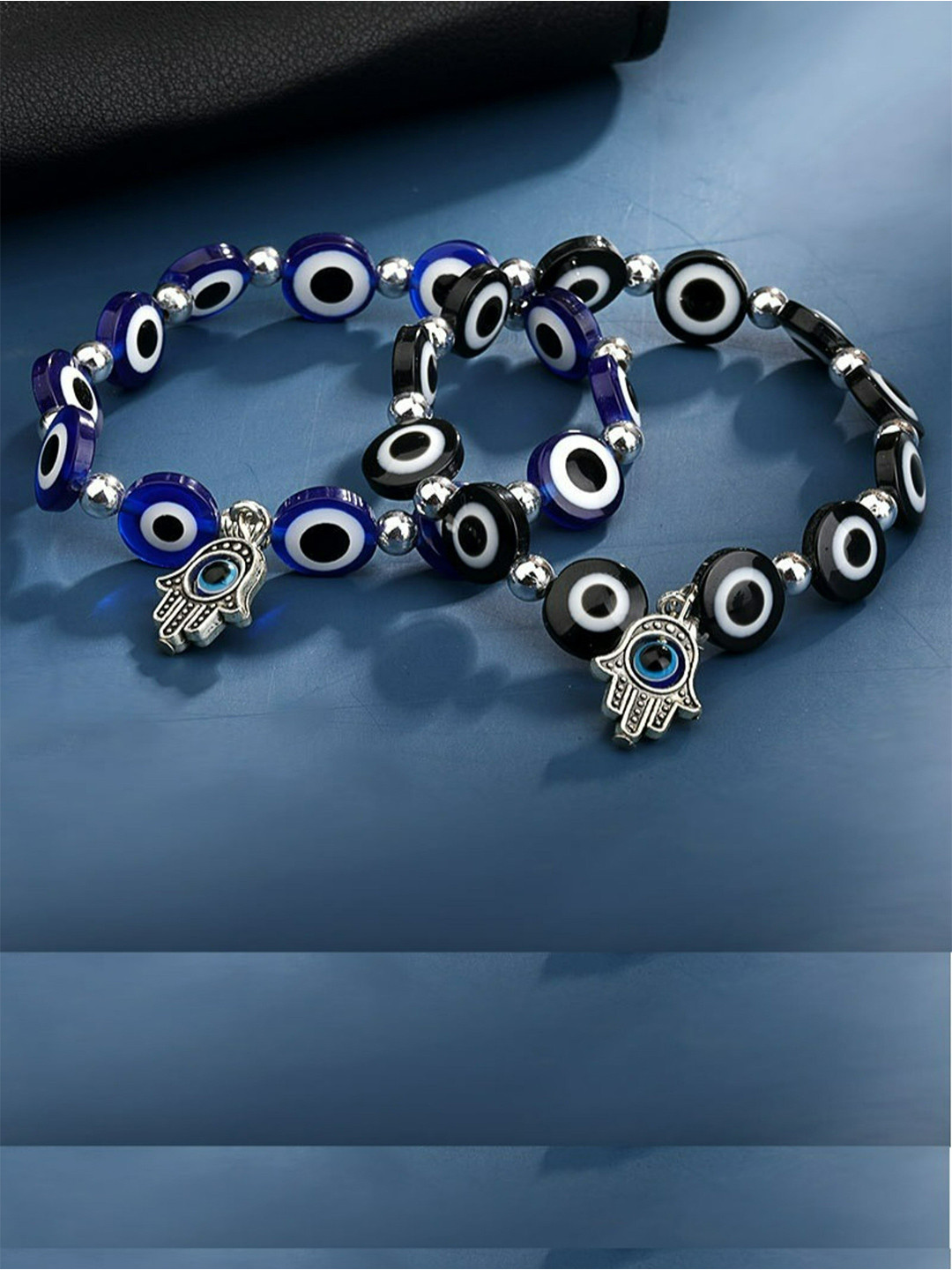 EL REGALO Unisex Set Of 2 Black Evil Eye Beaded Bracelet