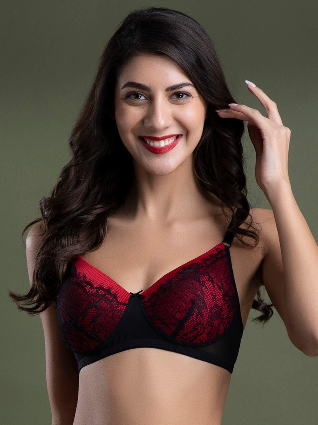Clovia Black & Red Floral Bra Lightly Padded