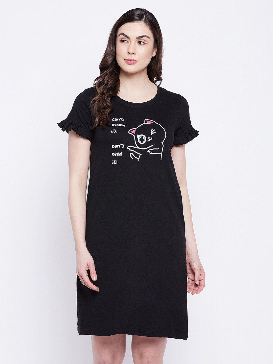 Clovia Women Black Printed T Shirt Nightdress