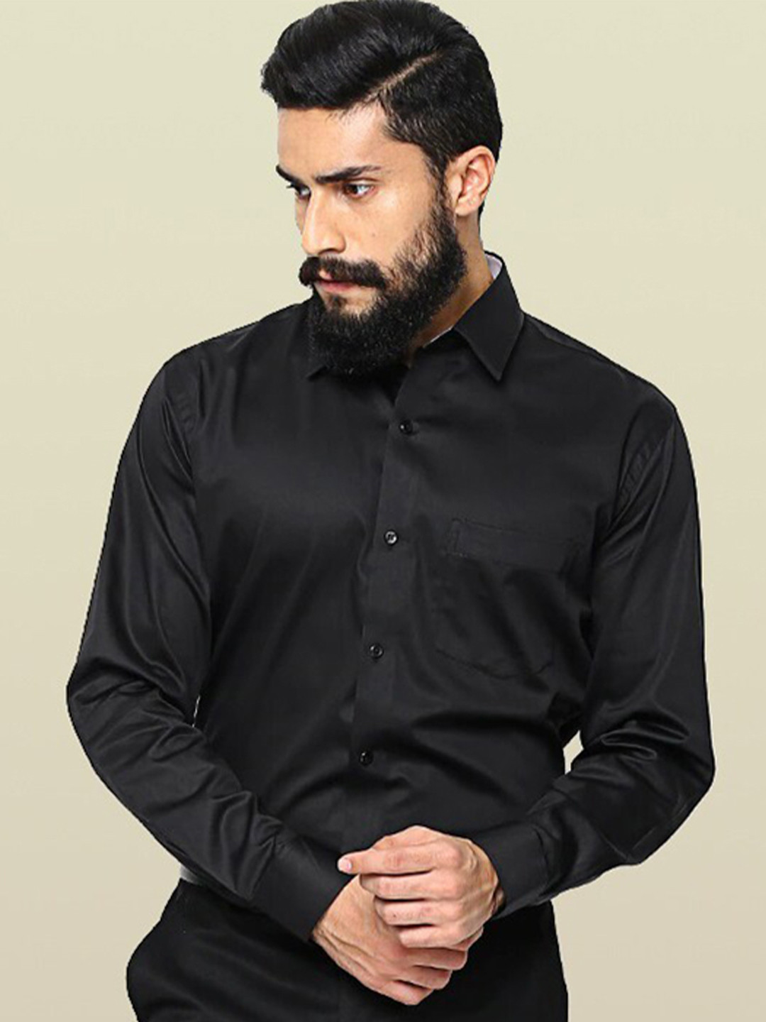 Hancock Men Black Solid Slim Fit Pure Cotton Tuxedo Formal Shirt