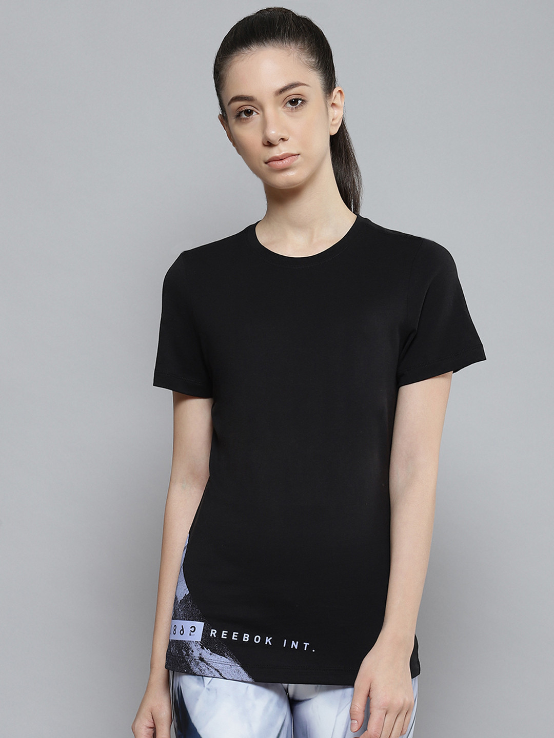 Reebok Women Black Workout Graphic Brand Logo Placement Print Slim Fit Training T-shirt