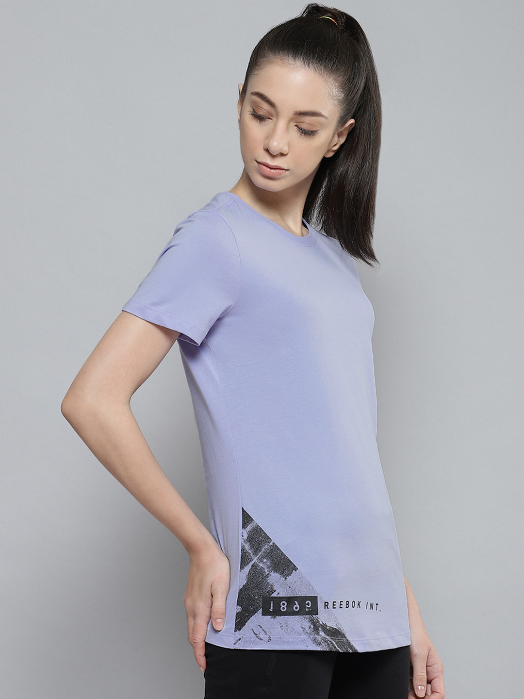 Reebok Women Blue Workout Graphic Brand Logo Placement Print Slim Fit Training T-shirt