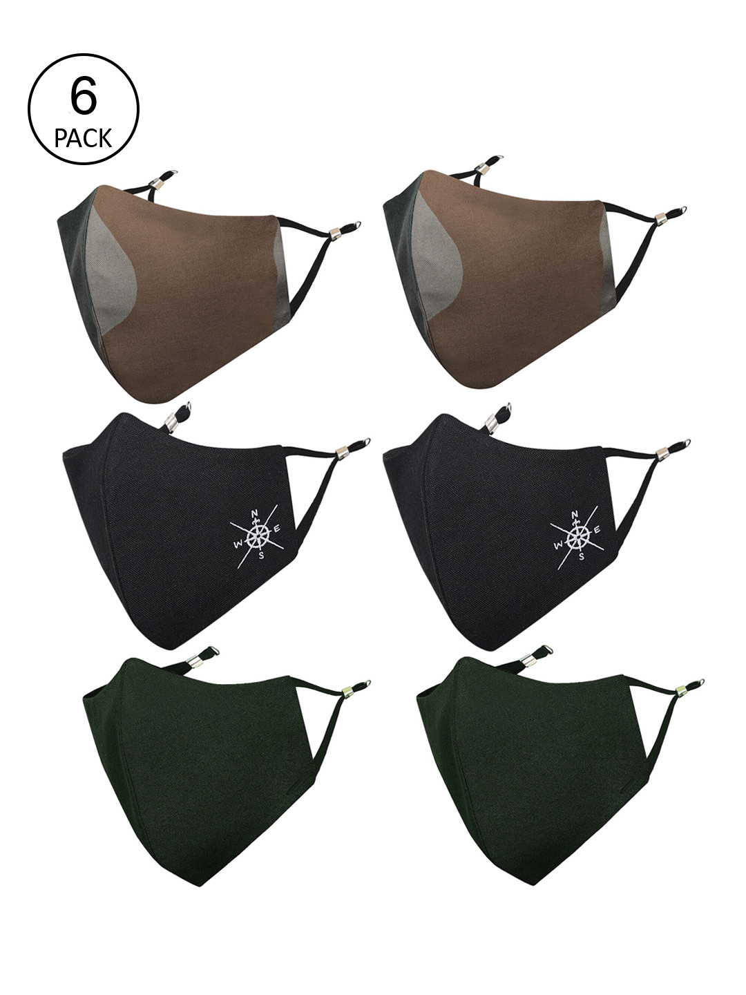 MASQ Men Pack of 6 Reusable 3-Ply Adjustable Anti-Pollution Pure Cotton Cloth Masks