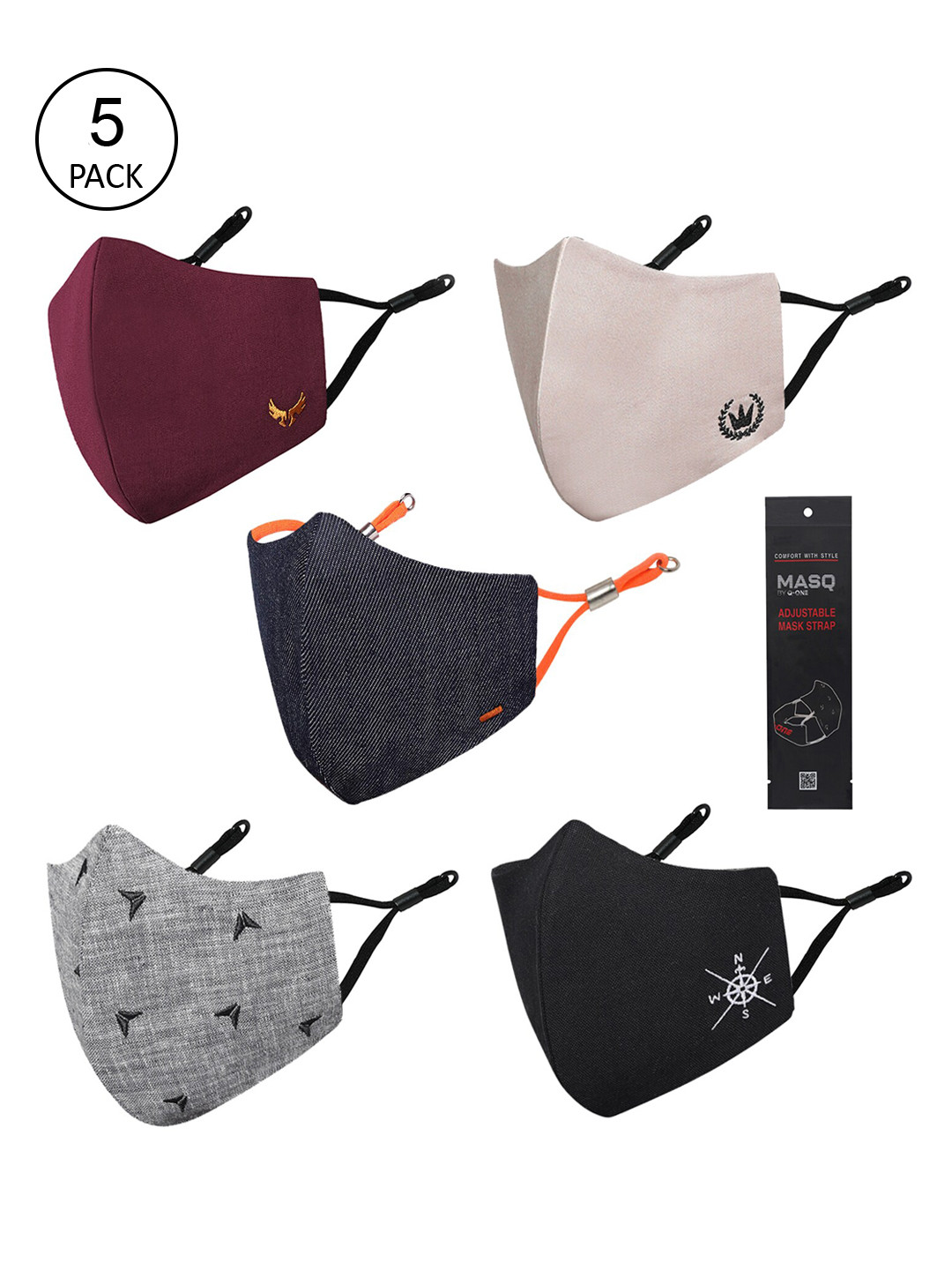 MASQ Men Pack Of 5 4-Ply Reusable Anti-Pollution Pure Cotton Cloth Masks