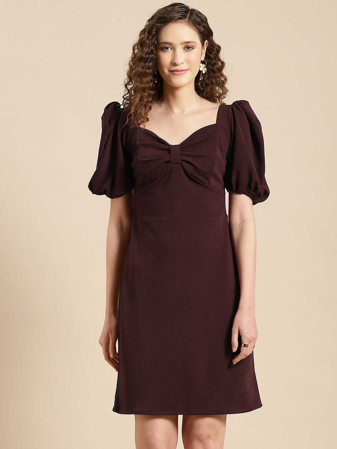 WoowZerz Women Burgundy A-Line Bow Dress