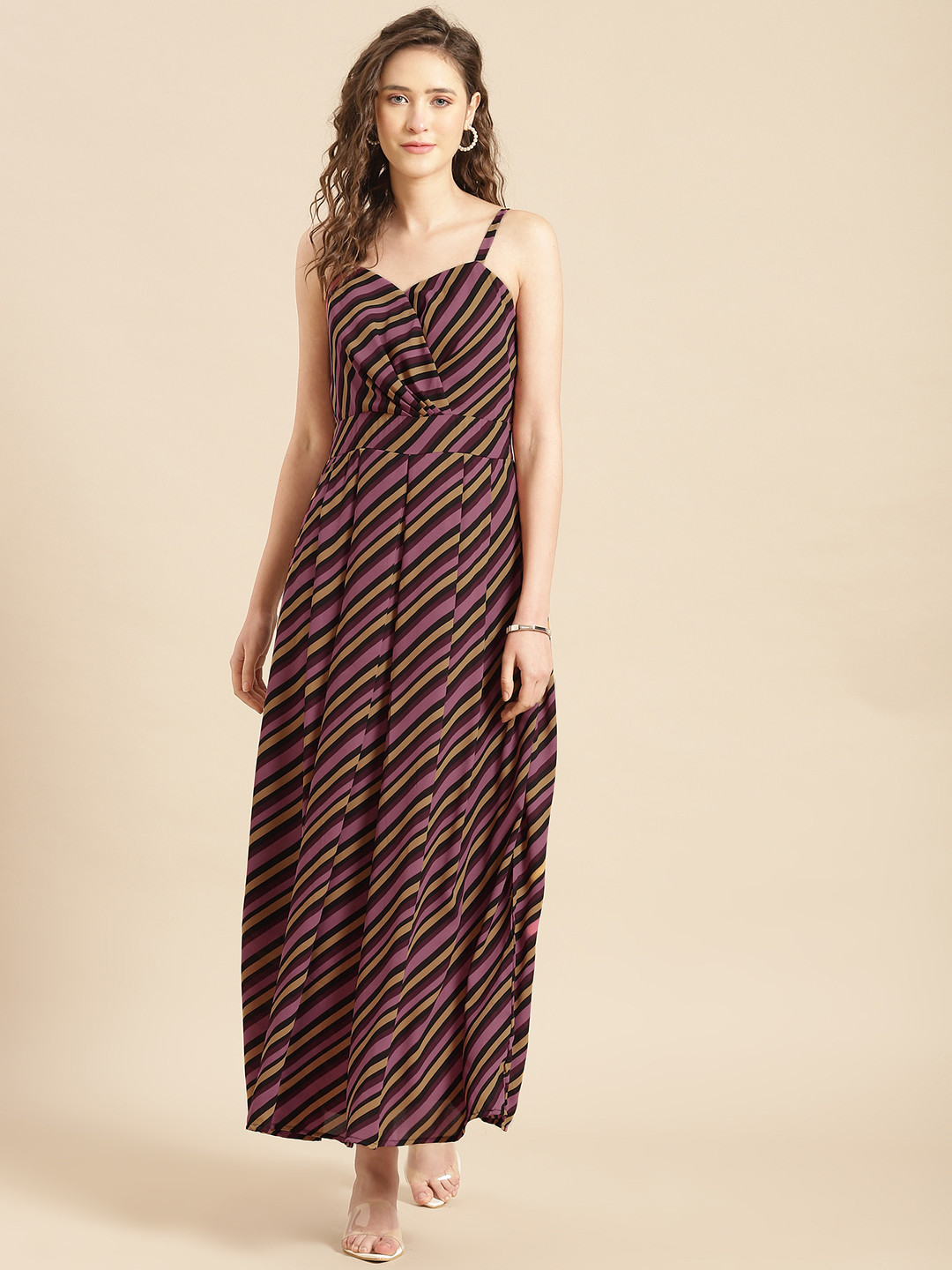 WoowZerz Purple & Black Striped Crepe A-Line Pleated  Maxi Dress