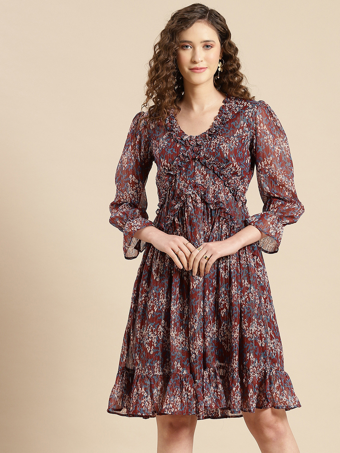 WoowZerz Maroon & Blue Chiffon A-Line Dress