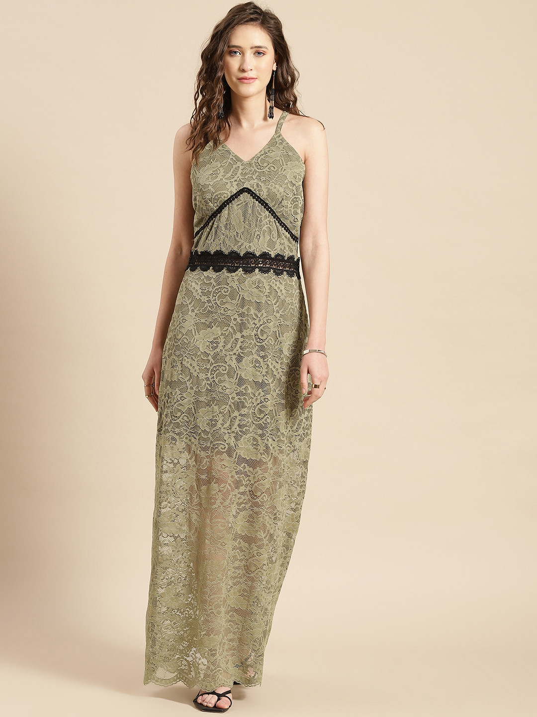 WoowZerz Olive Green Floral Net A-Line Maxi Dress