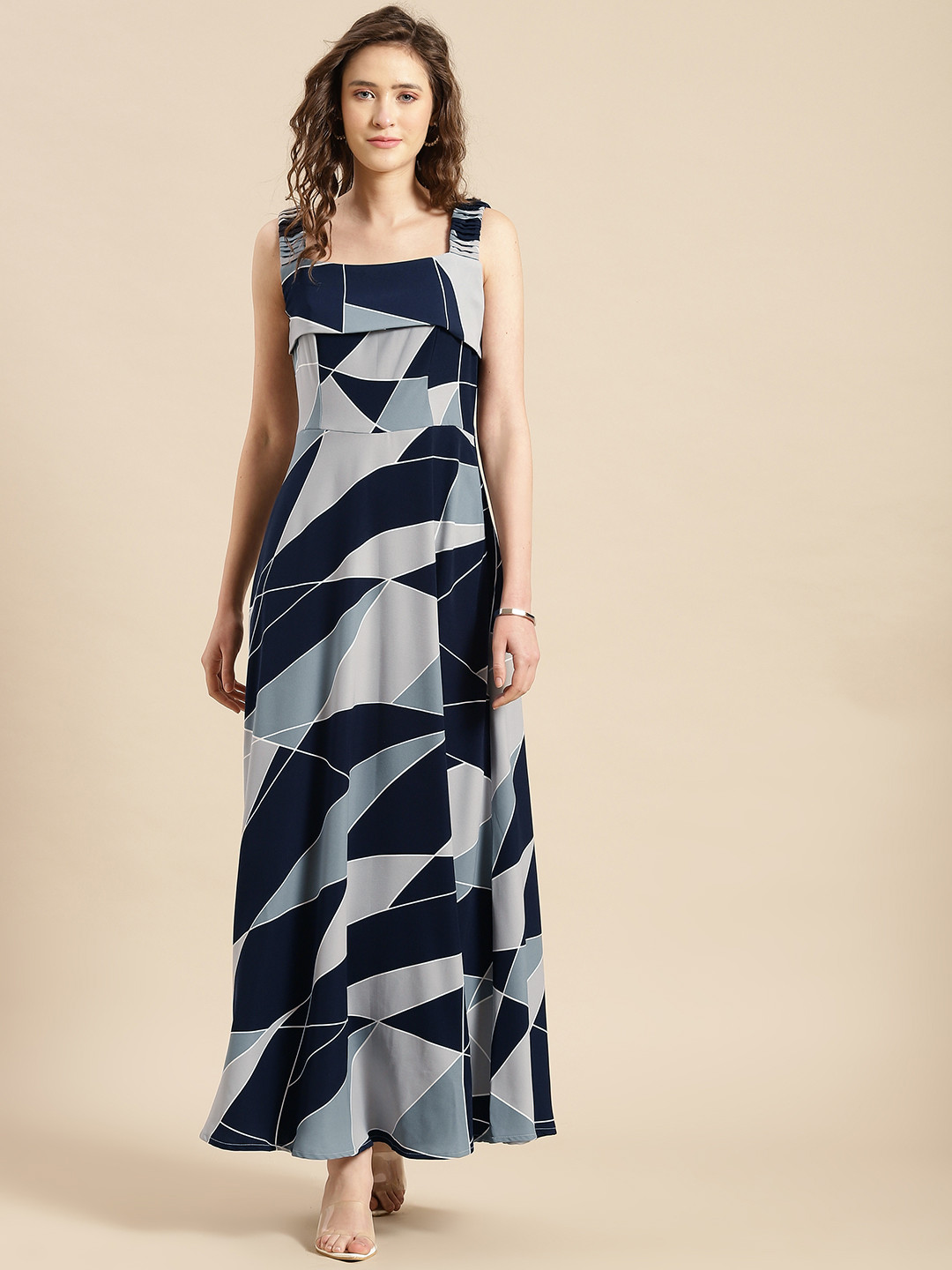 WoowZerz Blue Geometric Print A-Line Maxi Dress