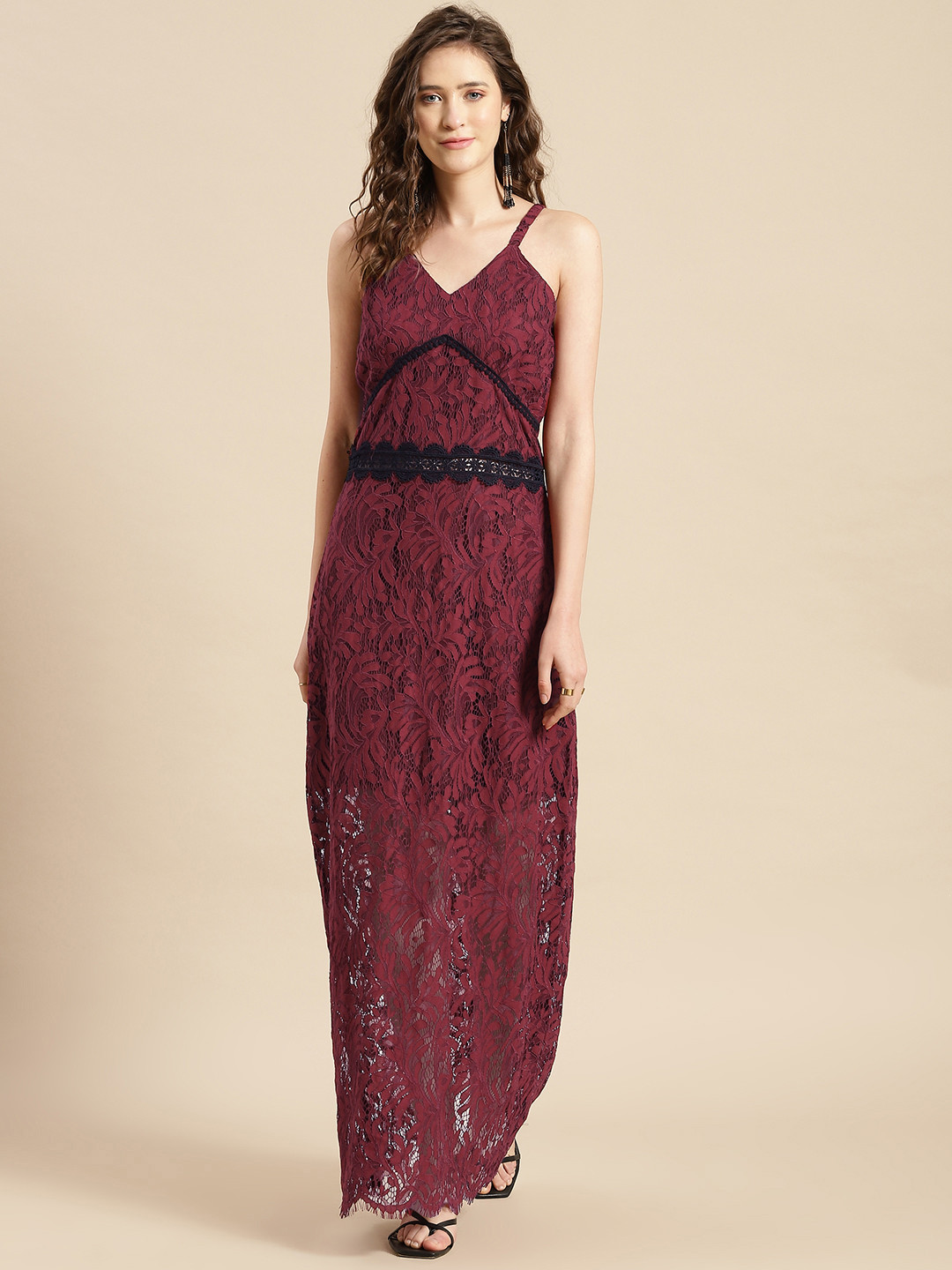 WoowZerz Burgundy Floral Net A-Line Maxi Dress