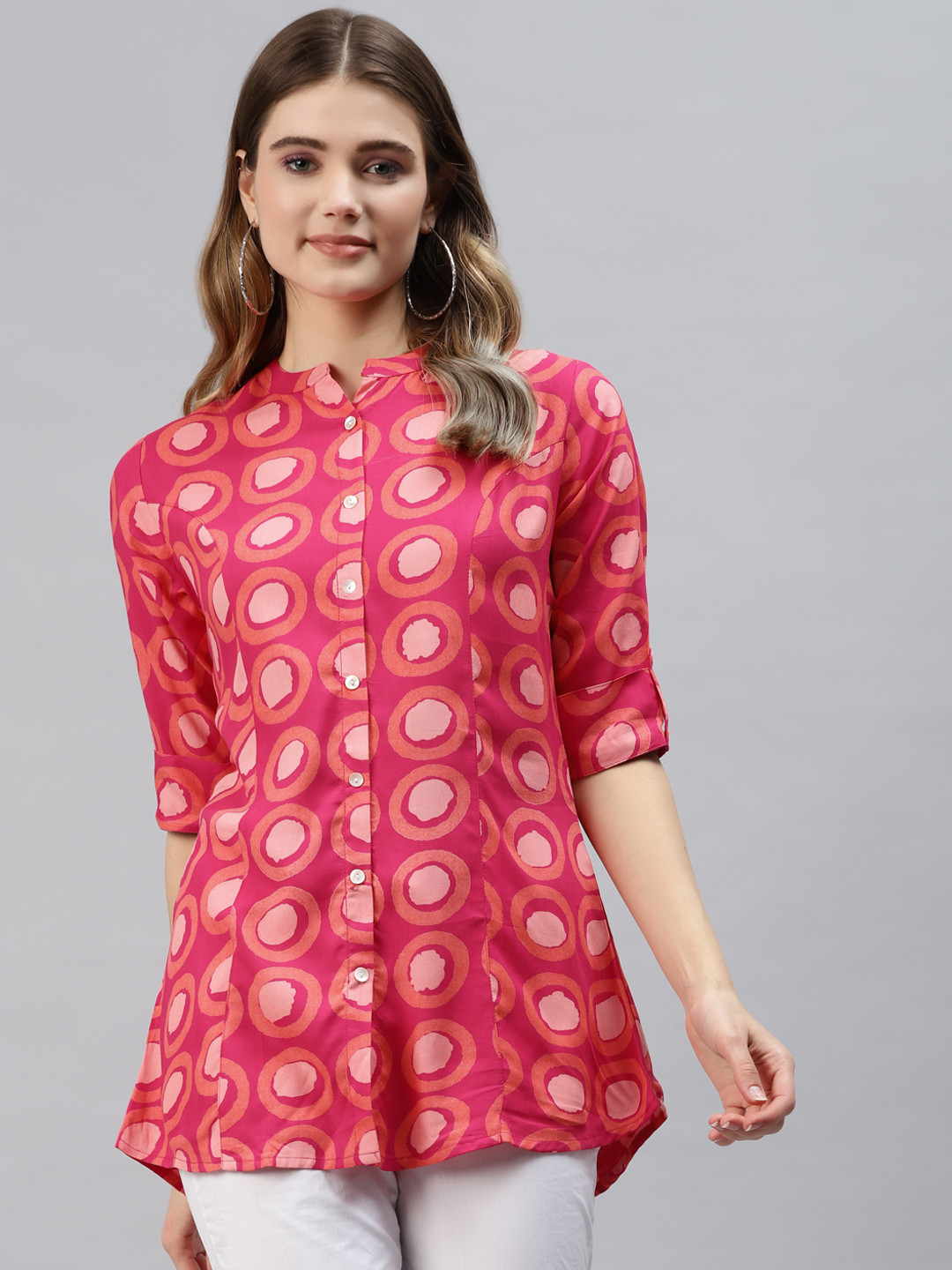 Divena Pink Print Mandarin Collar Roll-Up Sleeves Shirt Style Top