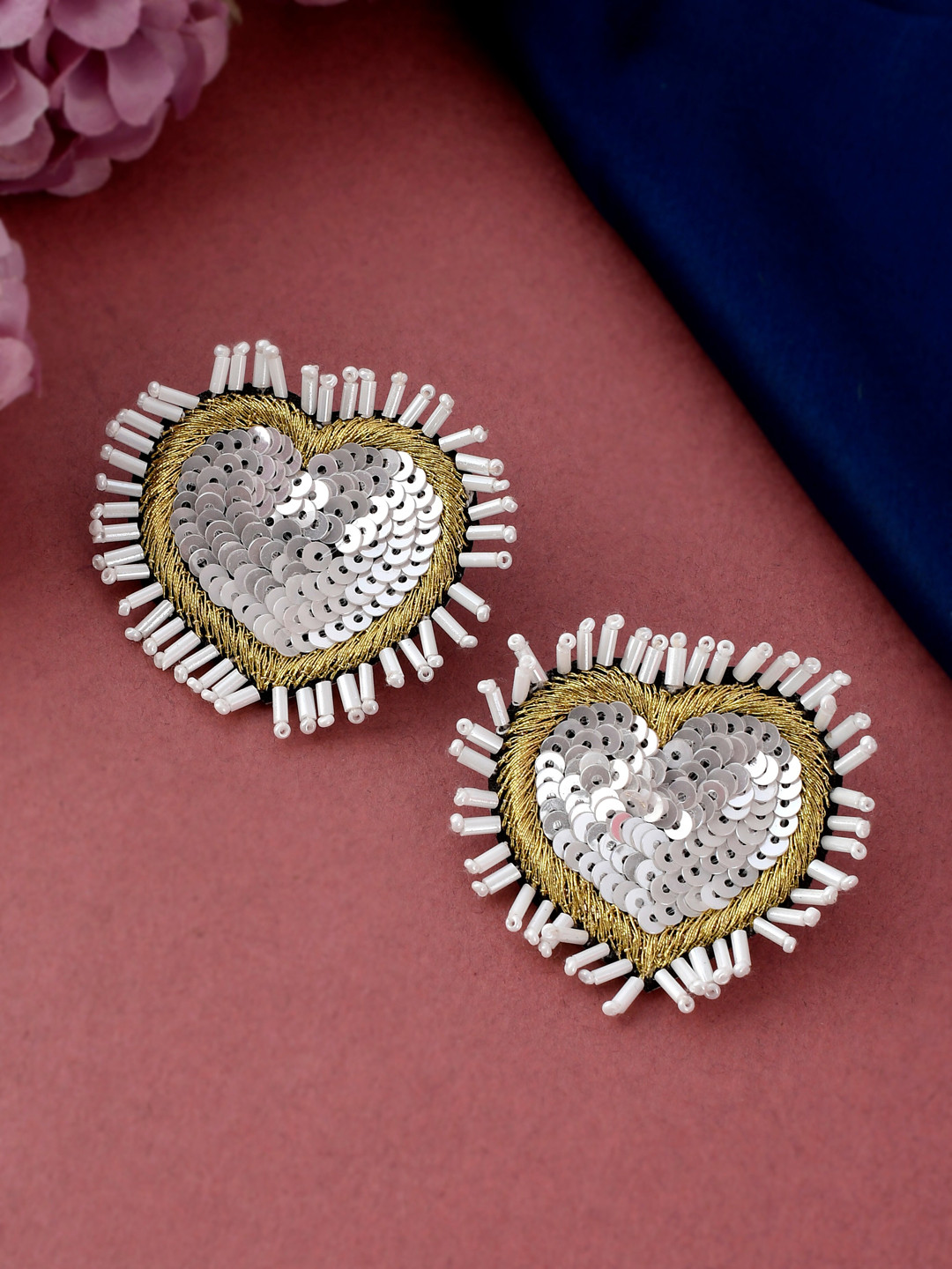 Shoshaa White Beaded Heart Shaped Fabric Studs Earrings