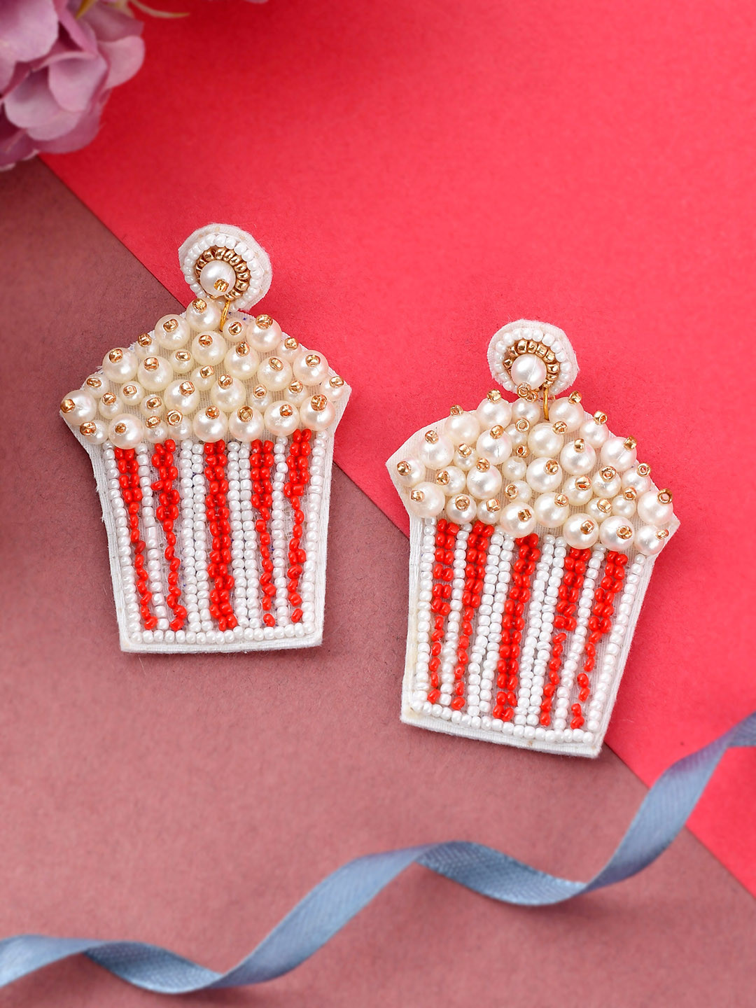 Shoshaa Red Beaded Handcrafted Pearls Popcorn Bucket Shaped Drop Earrings