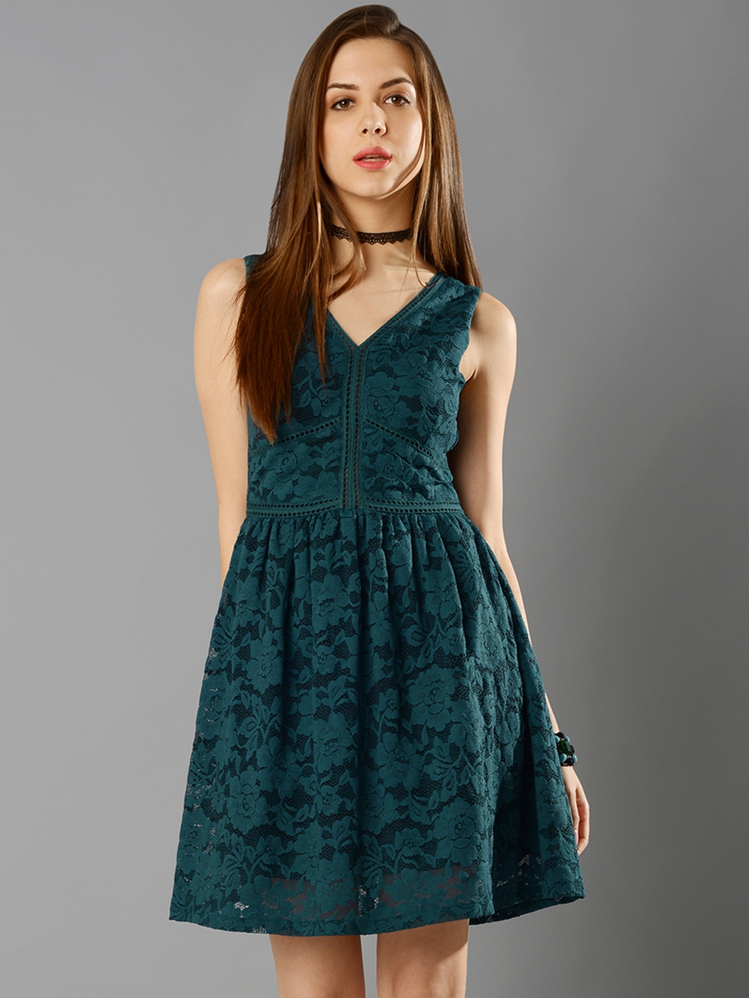Buy FabAlley Women Teal Green Lace Fit ...