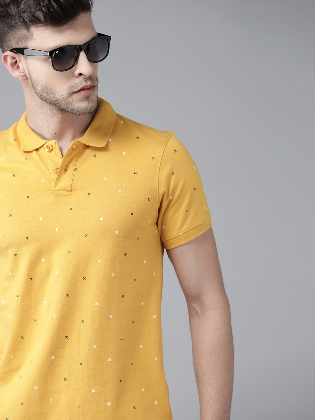 Roadster Men Yellow & White Printed Polo Collar Pure Cotton T-shirt