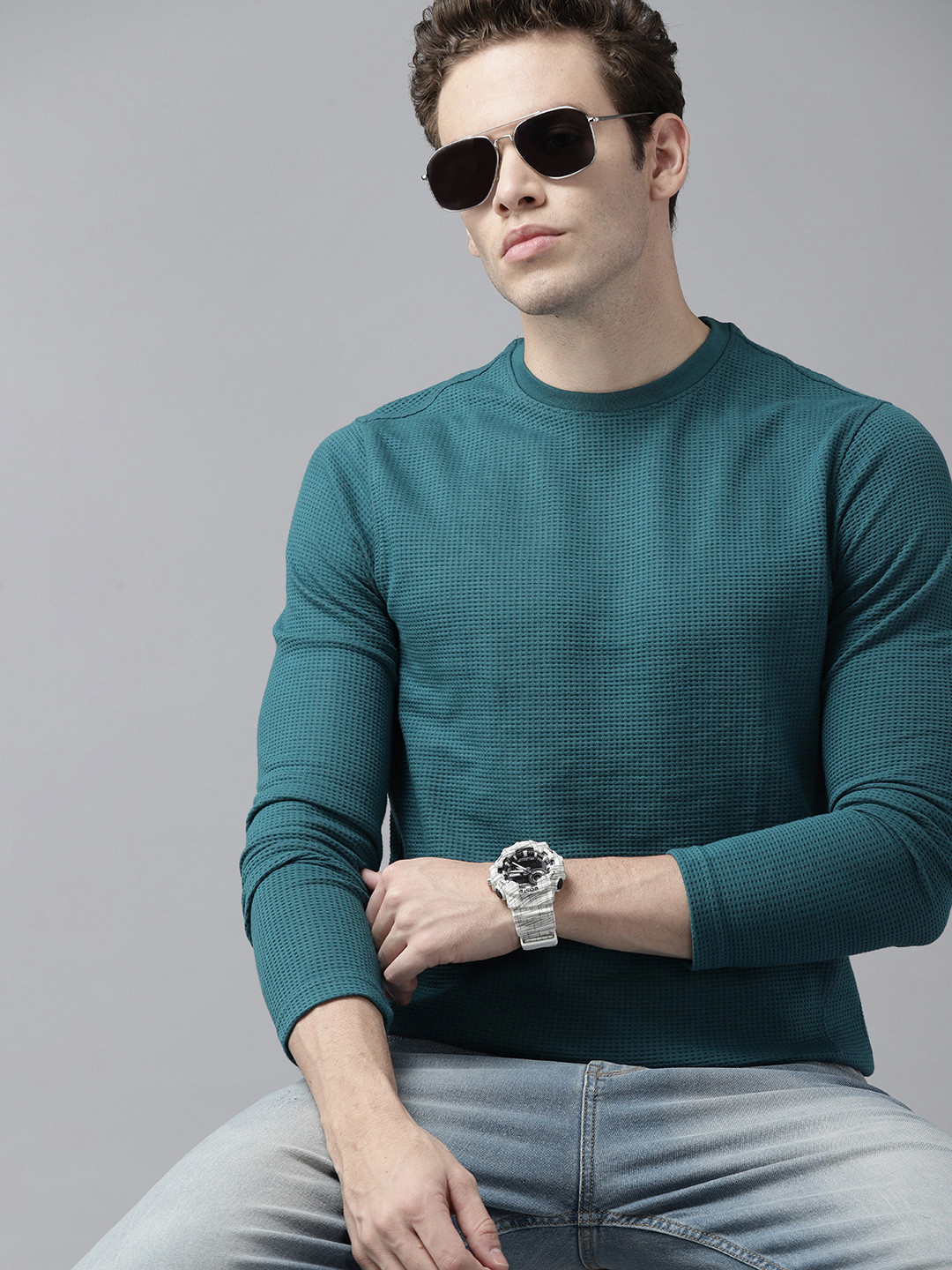 Roadster Men Teal Green Waffle Knit T-shirt