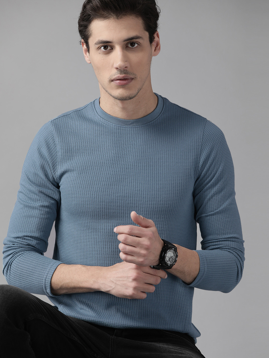 The Roadster Lifestyle Co Men Blue Waffle Knit T-shirt