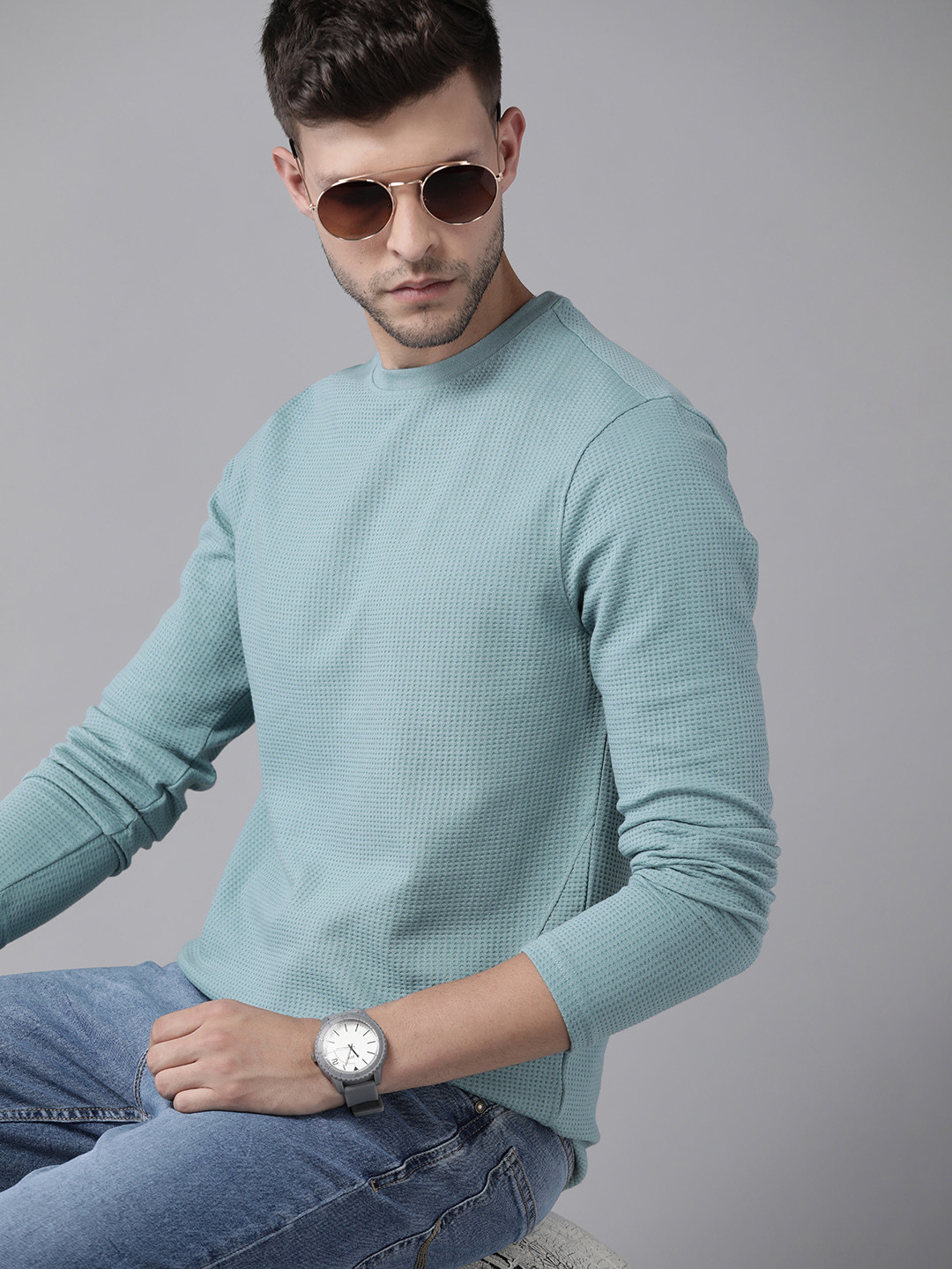 Roadster Men Blue Self-Design T-shirt