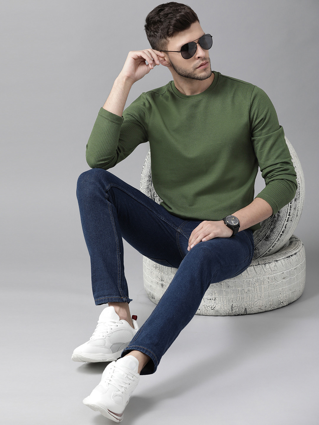 Roadster Men Olive Green  Waffle Texture T-shirt