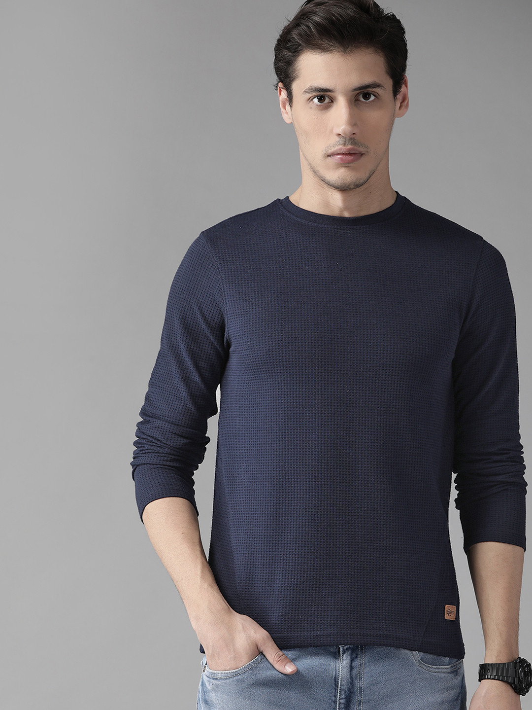 The Roadster Lifestyle Co Men Navy Blue  Waffle Texture T-shirt