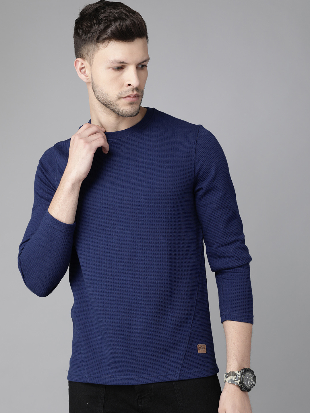Roadster Men Navy Blue Waffle Texture T-shirt