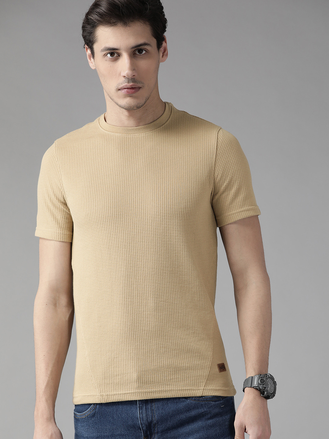 The Roadster Lifestyle Co Men Beige  Waffle Texture T-shirt