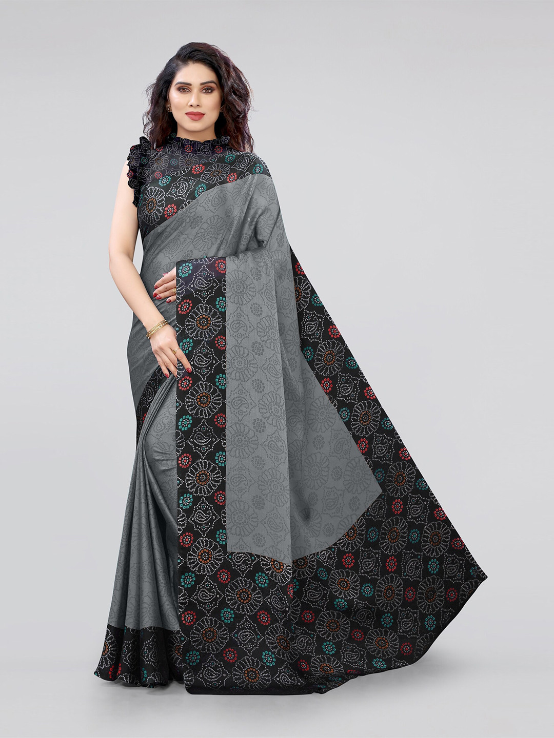 KALINI Grey & Black Bandhani Printed Saree