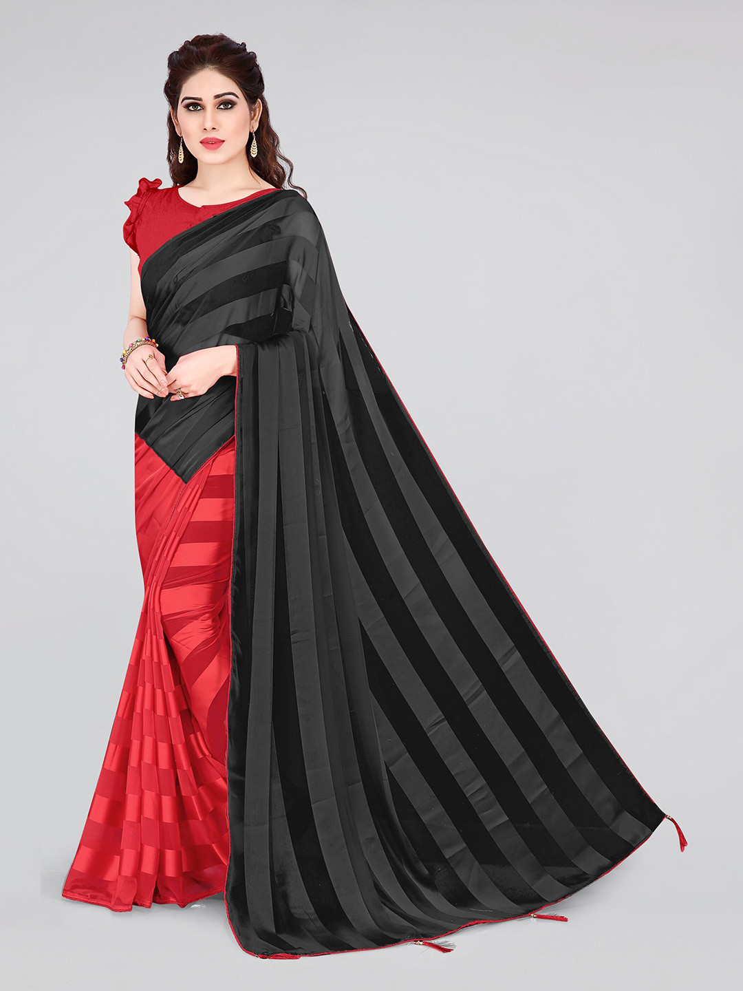 KALINI Black & Red Striped Half and Half Saree