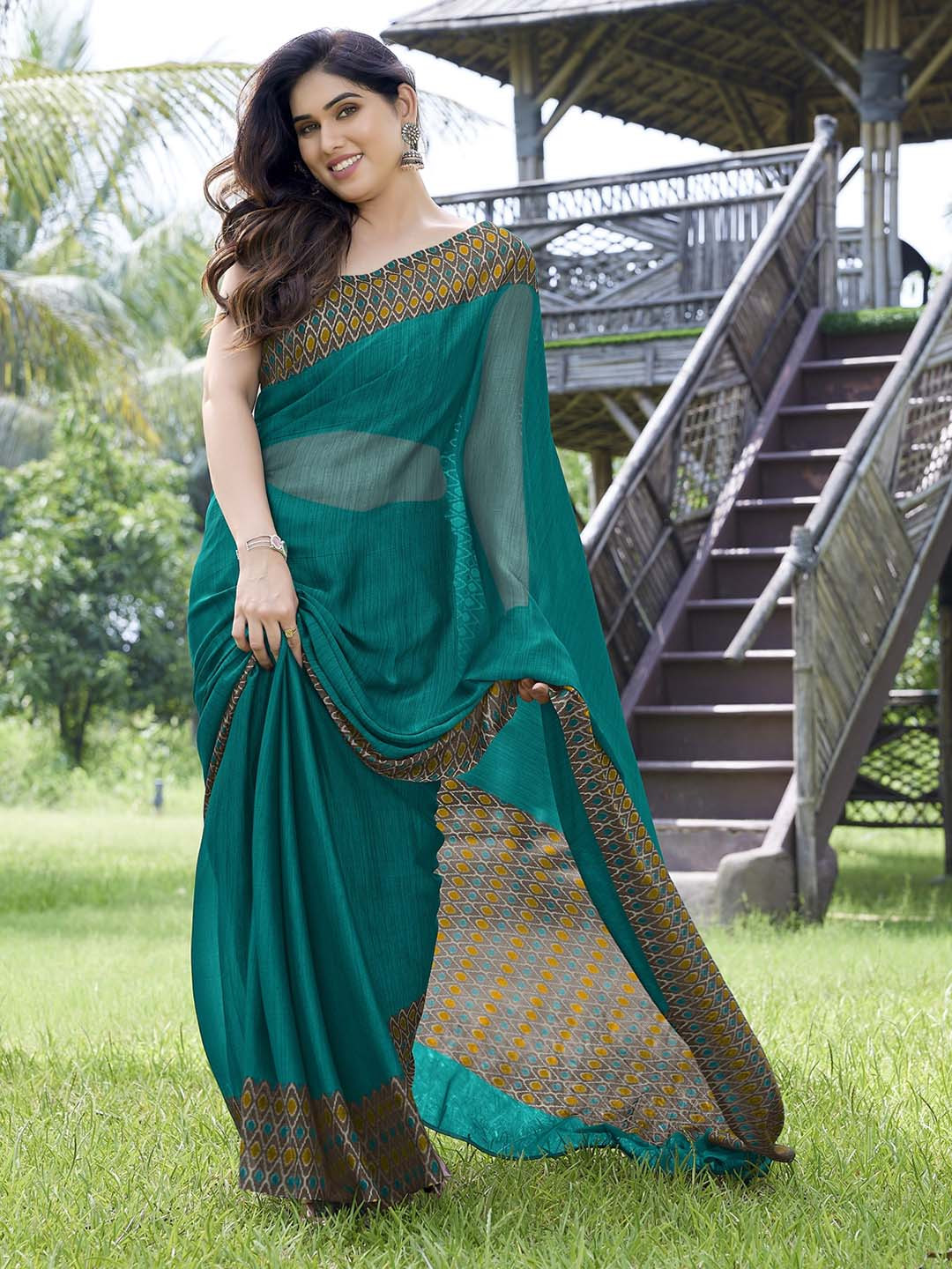 KALINI Turquoise Blue & Brown Solid Printed Border Chiffon Saree