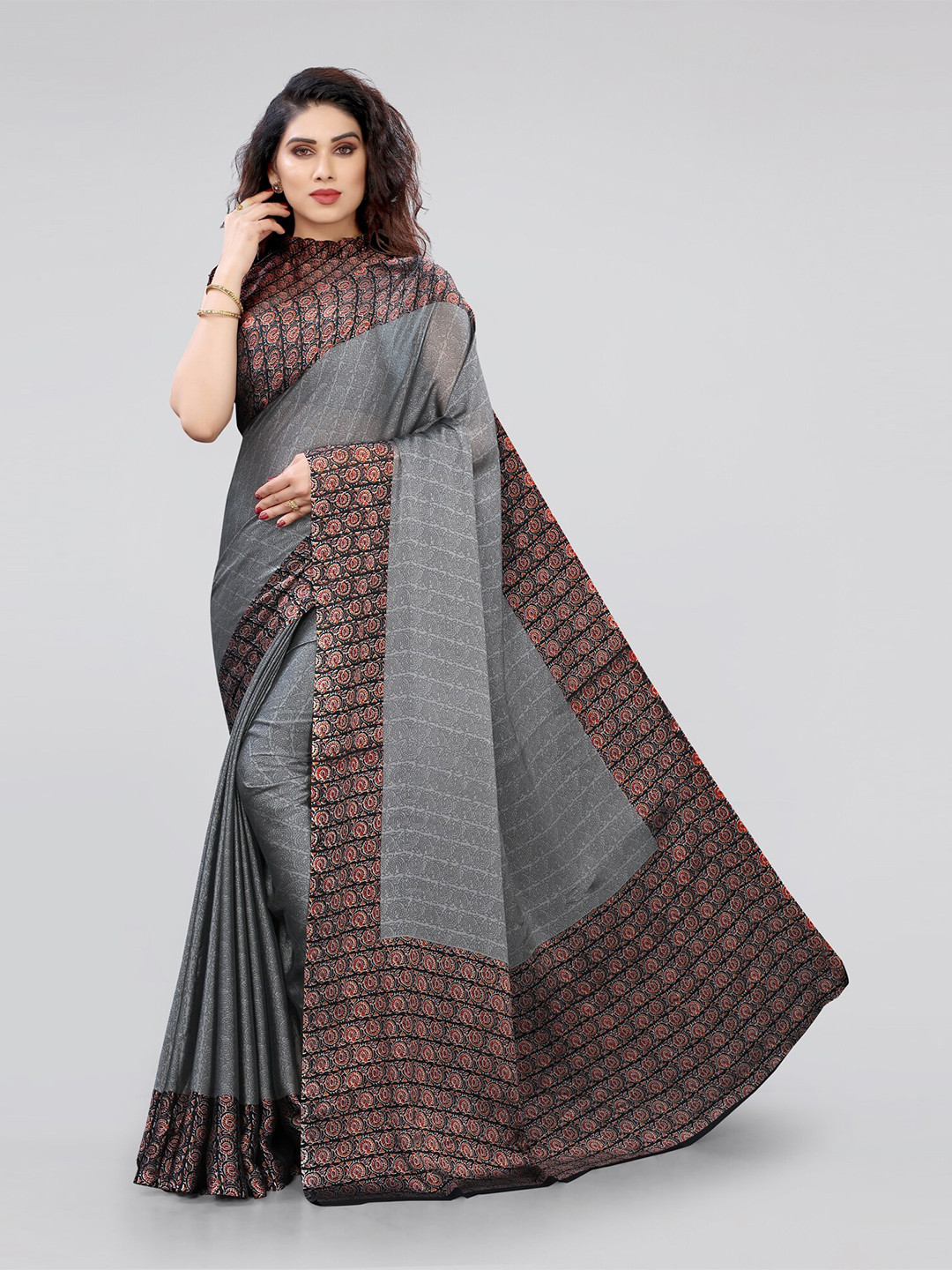 KALINI Grey & Black Striped Saree