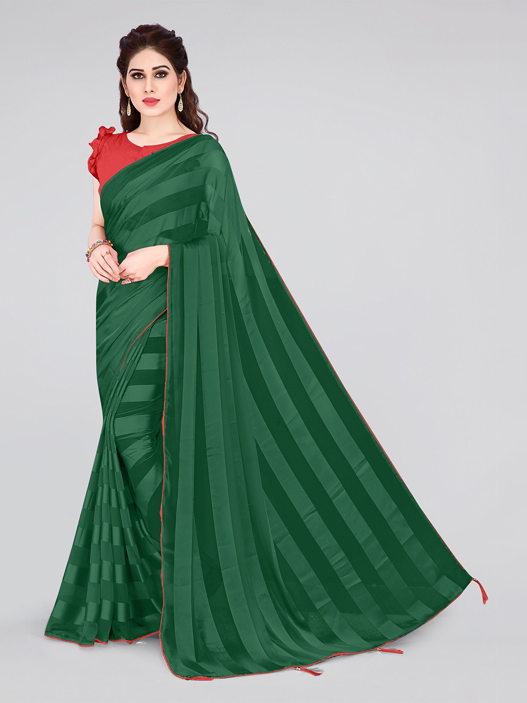 KALINI Green N Red Georgette Striped Patta Saree