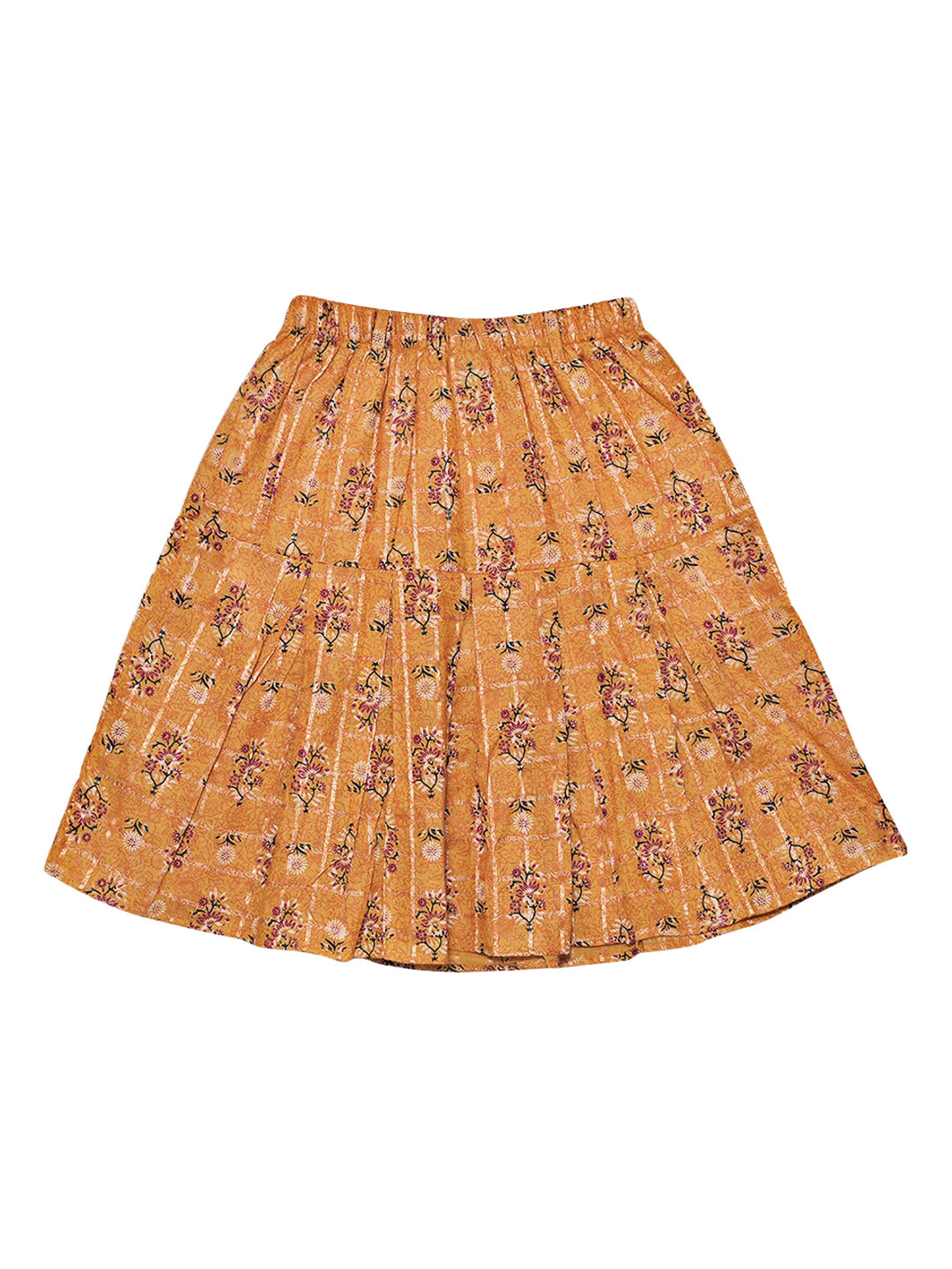 Fashionable Girls Yellow & Off-White Floral Flared Knee-Length Skirt