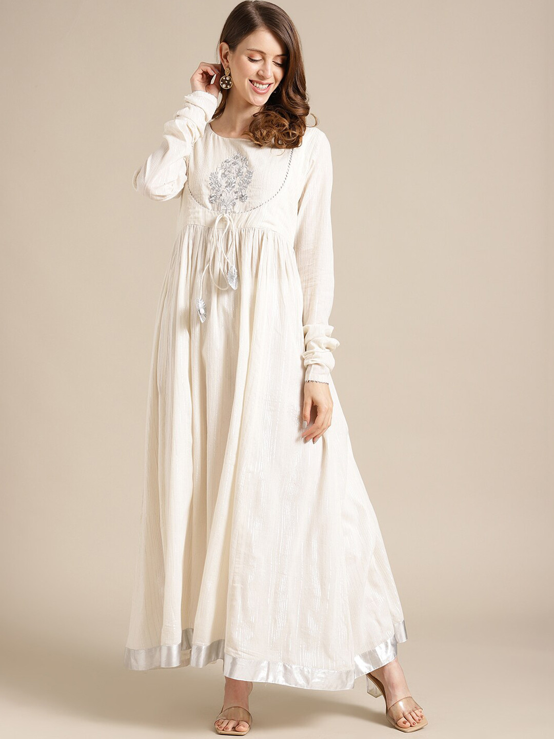 Varanga Women Off White Cotton Anarkali Kurta