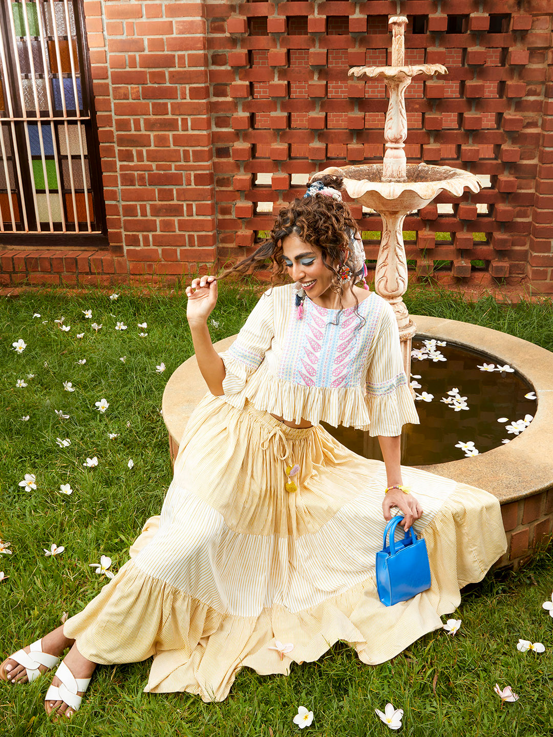 W Women Yellow Striped Top with Tiered Skirt