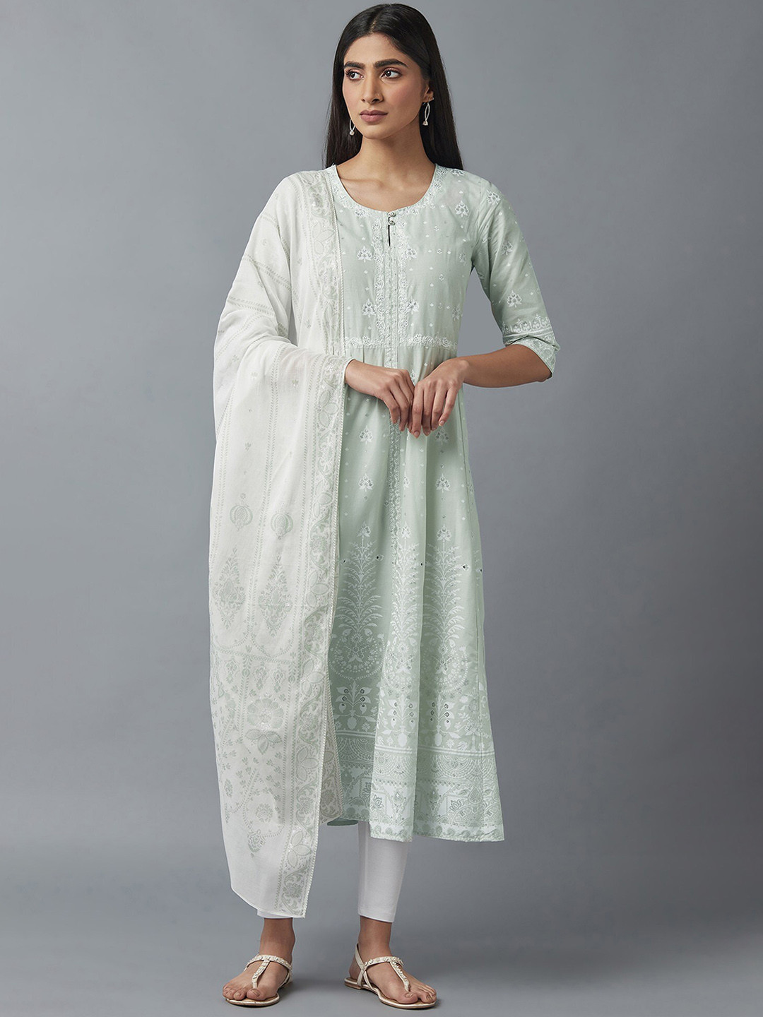 W Women Green & White Embroidered Pure Cotton Kurta with Trousers & Dupatta