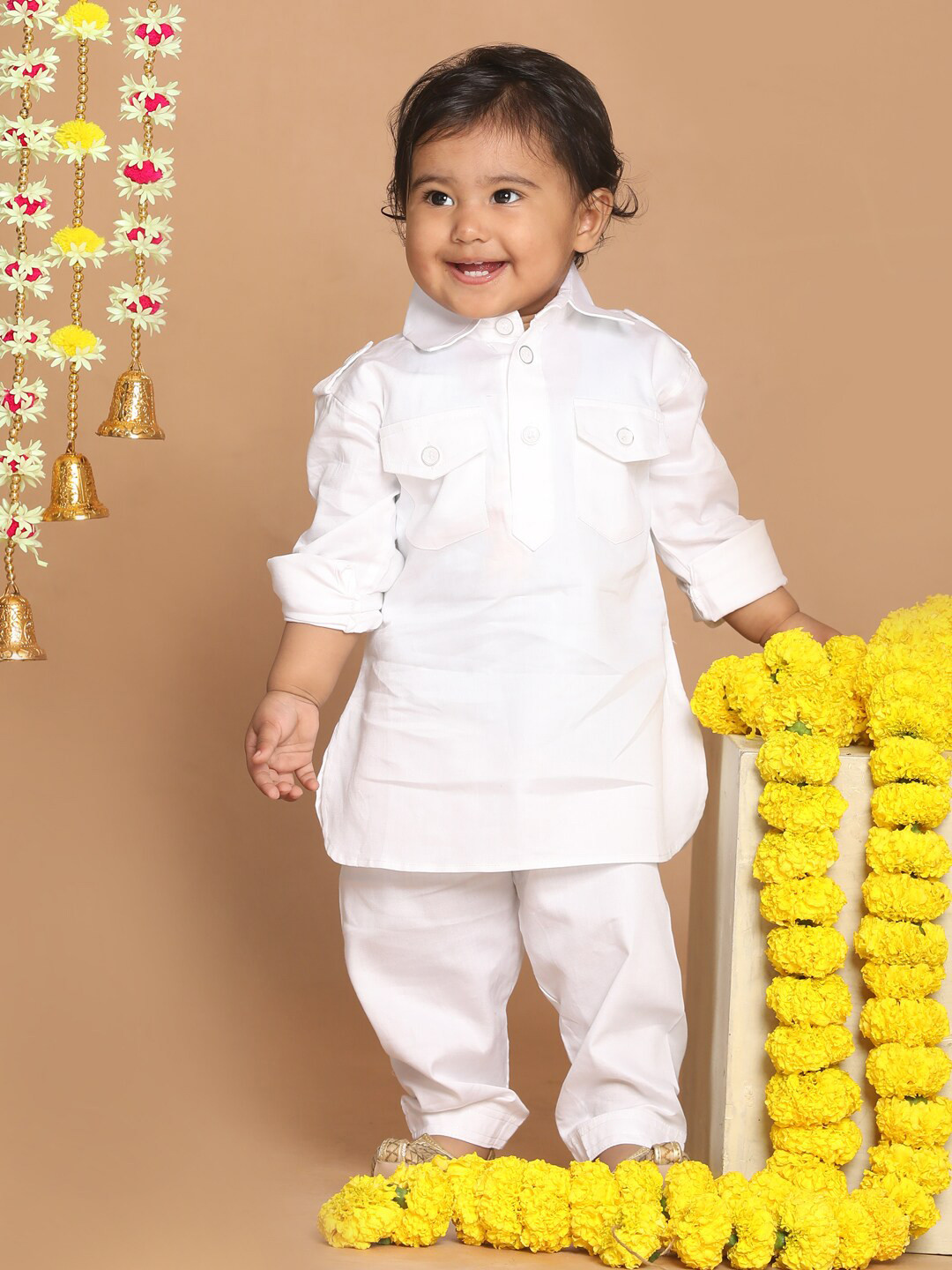 VASTRAMAY Boys White Cotton Pathani Suit Set