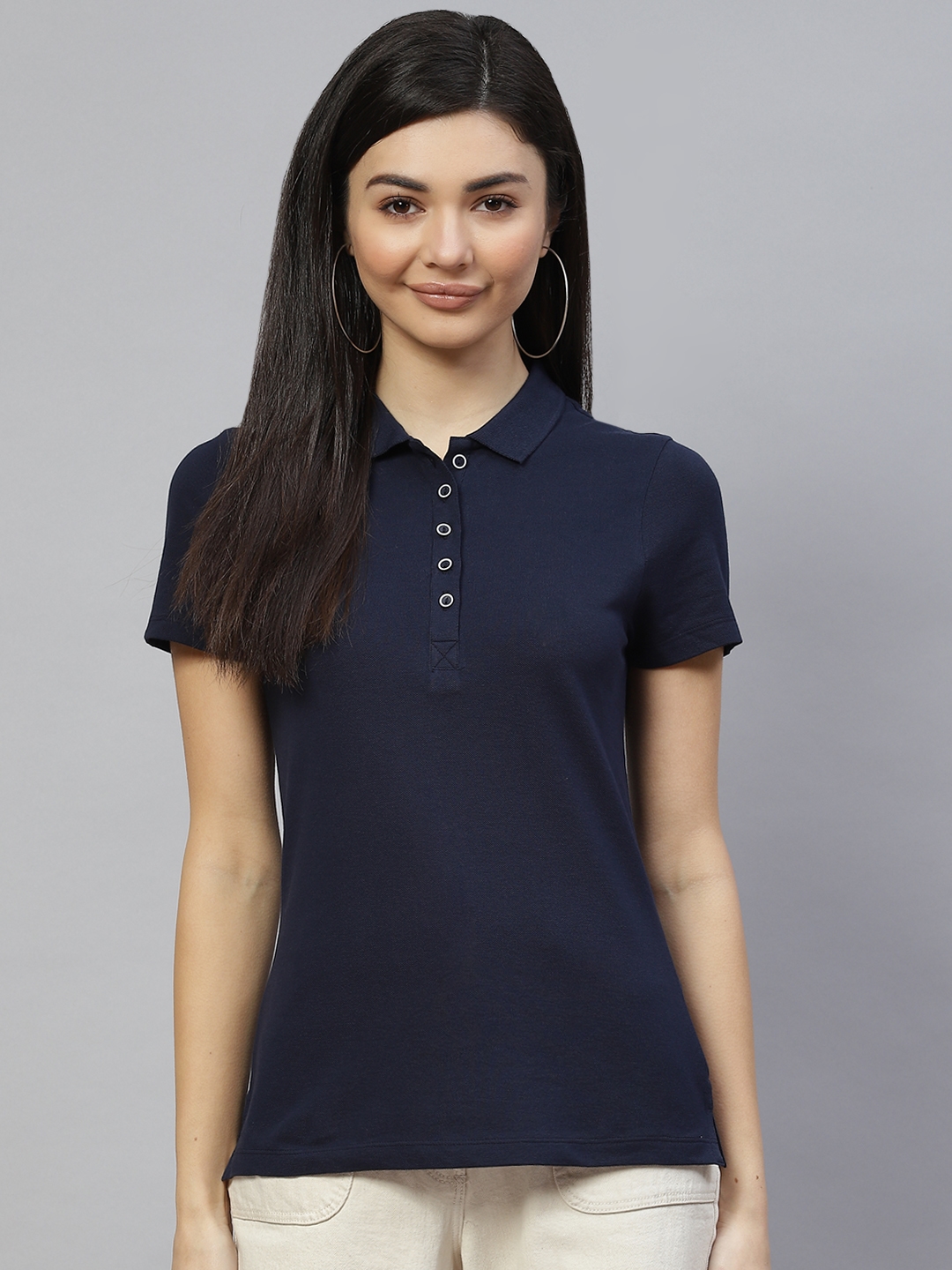 Marks & Spencer Women Navy Blue Polo Collar Pure Cotton T-shirt