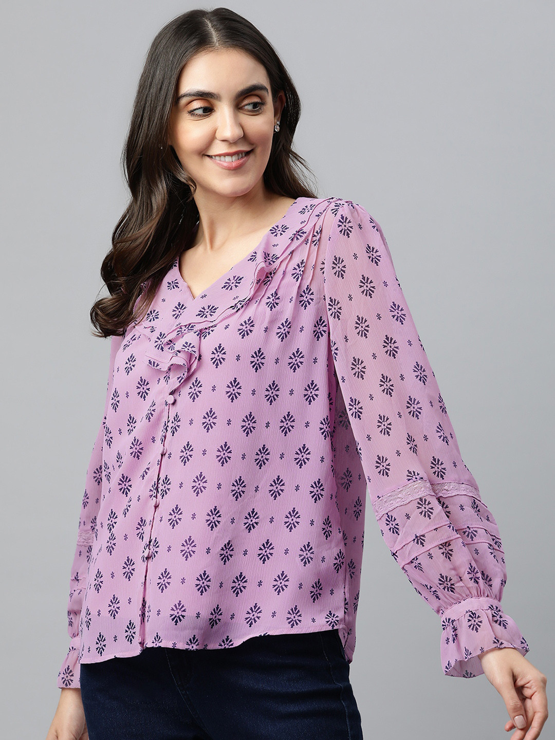 Marks & Spencer Purple Print Peter Pan Collar Bishop Sleeves Top
