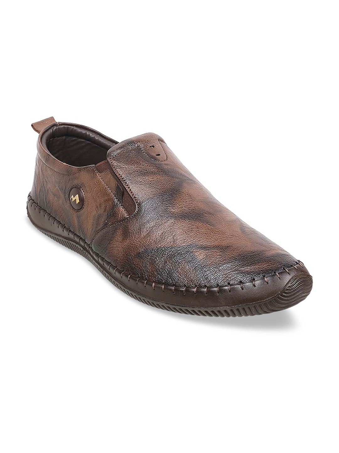 Metro Men Brown Textured Leather Slip-On Sneakers