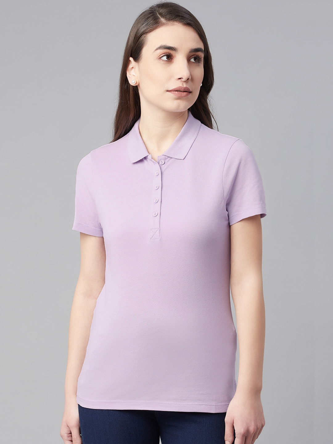 Marks & Spencer Women Lavender Polo Collar Pure Cotton T-shirt