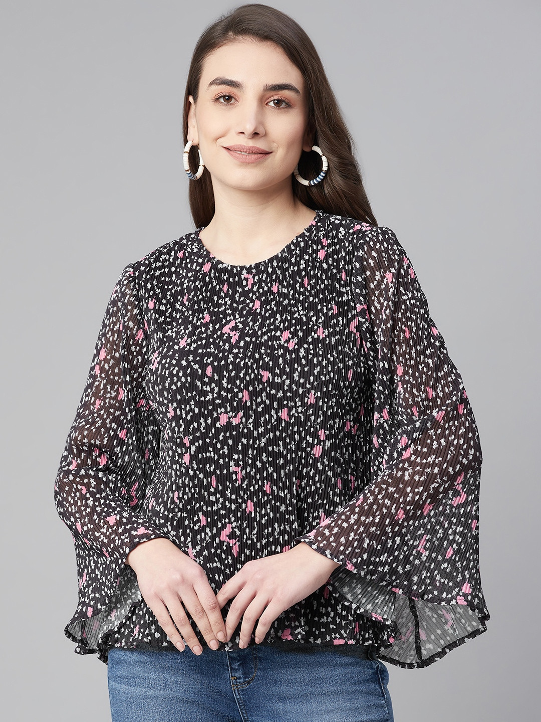 Marks & Spencer Black & Pink Plisse Floral Print Top