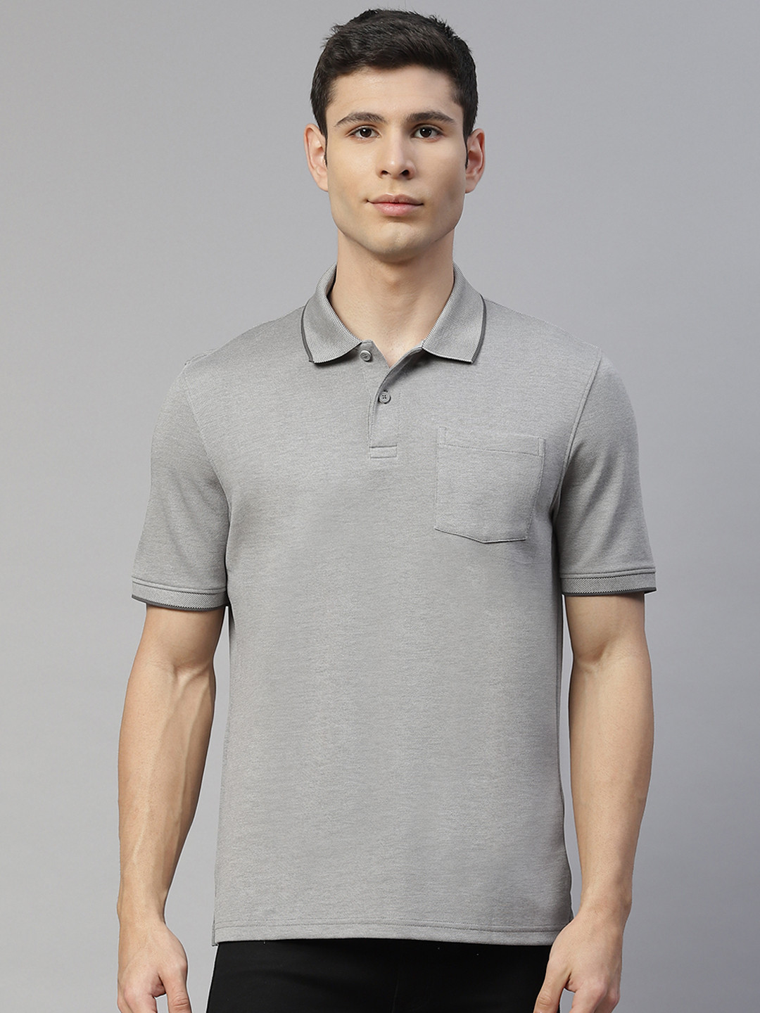 Marks & Spencer Men Grey Pure Cotton Polo Collar T-shirt