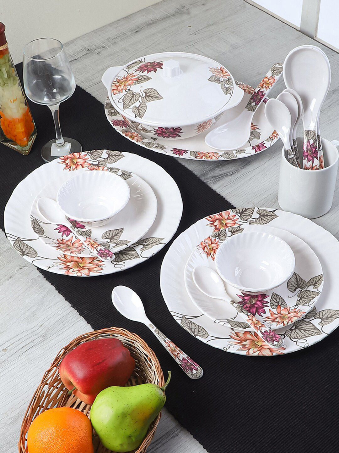 CDI Sunflower White Floral Melamine Microwave Safe 40 Piece Dinner Set