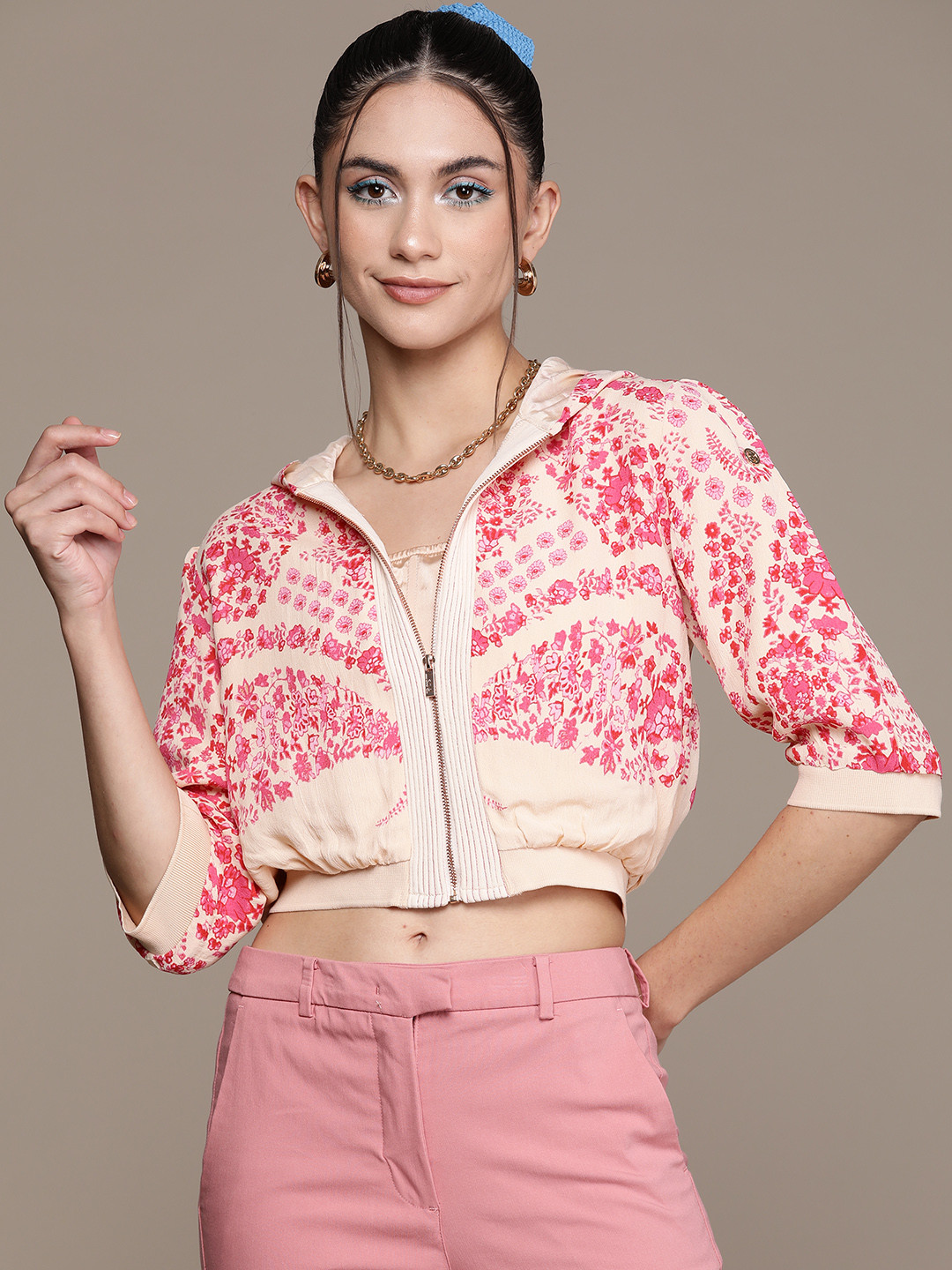 Label Ritu Kumar Women Pink Beige Floral Crop Bomber Jacket