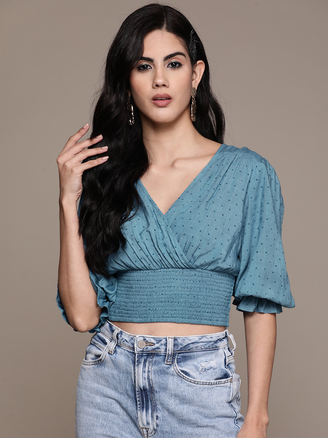 Label Ritu Kumar Blue Solid V-Neck Puff Sleeves Smocked Dobby Regular Crop Top