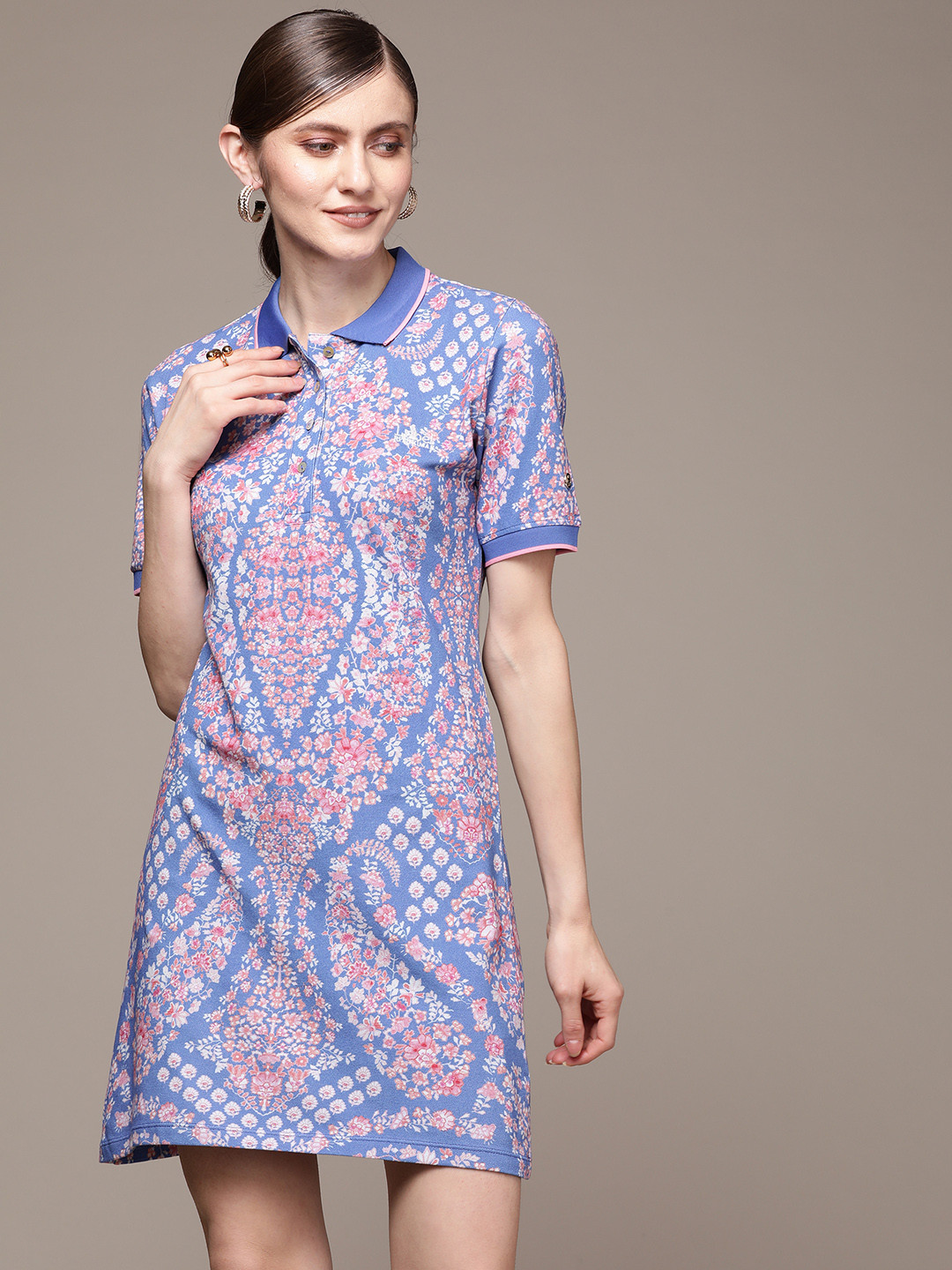 Label Ritu Kumar Blue & Peach-Coloured Floral T-shirt Dress